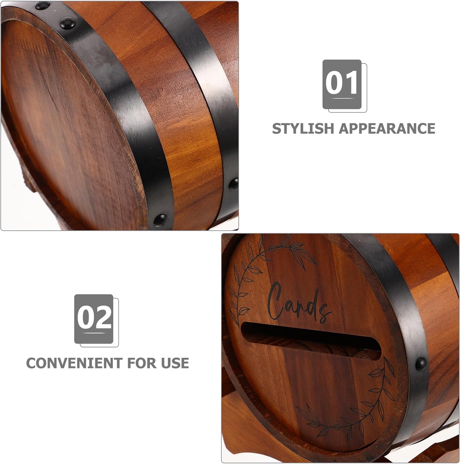 Wooden Barrel Card Holder Box: Barrel Shape Envelope Money Organizer with Base for Wedding Reception - Party Card Box for Birthday Baby Shower Graduation