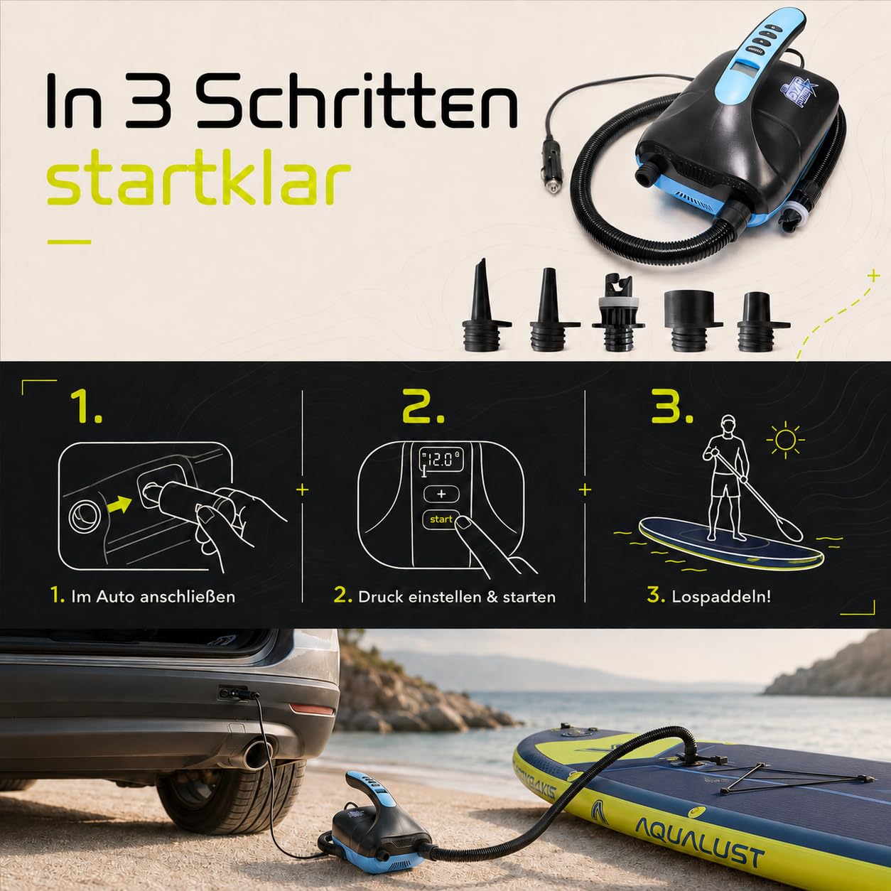 SUP Board aufblasbar Paddel Standup Paddle Stand Up Paddling | 365×84×15cm, 170 kg Traglast, Blau, Boardset mit Pumpe, Finne, Leash und Rucksack