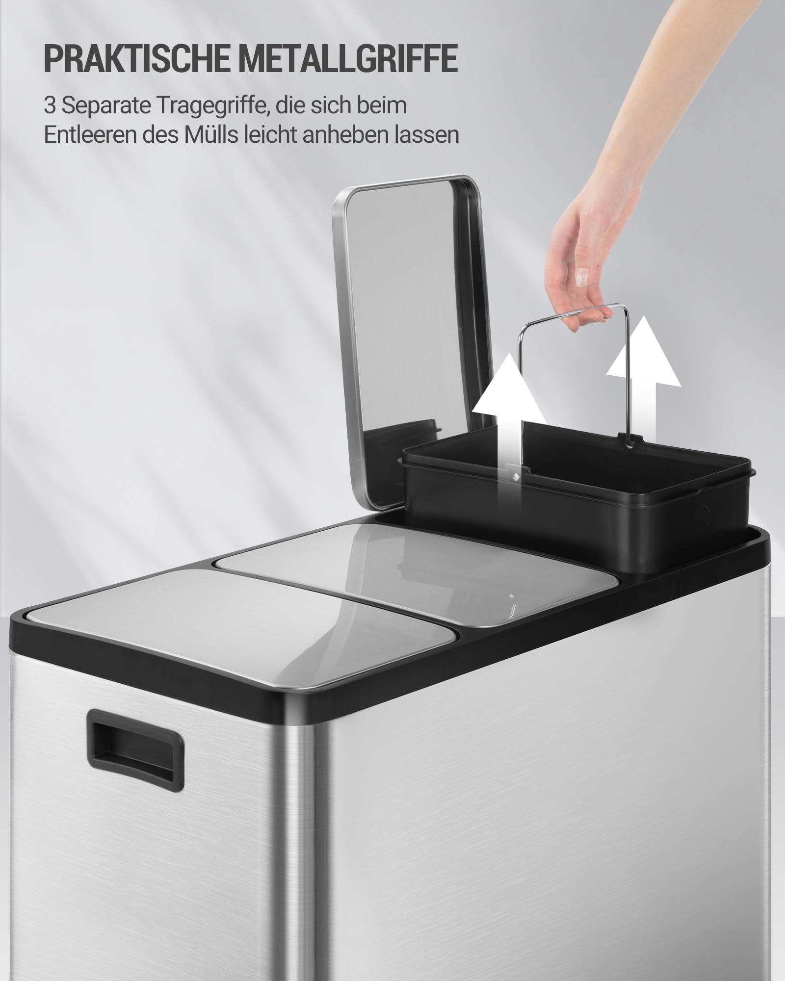 Hzuaneri Mülleimer Küche, Mülltrennsystem 3 Fächer 45L (3 x 15 L), Edelstahl-küchenmülleimer, Tretmülleimer mit Farbcodierbaren Pedalen, Abfalleimer Ruhiger Langsamer Abstieg, Silber SW04599E