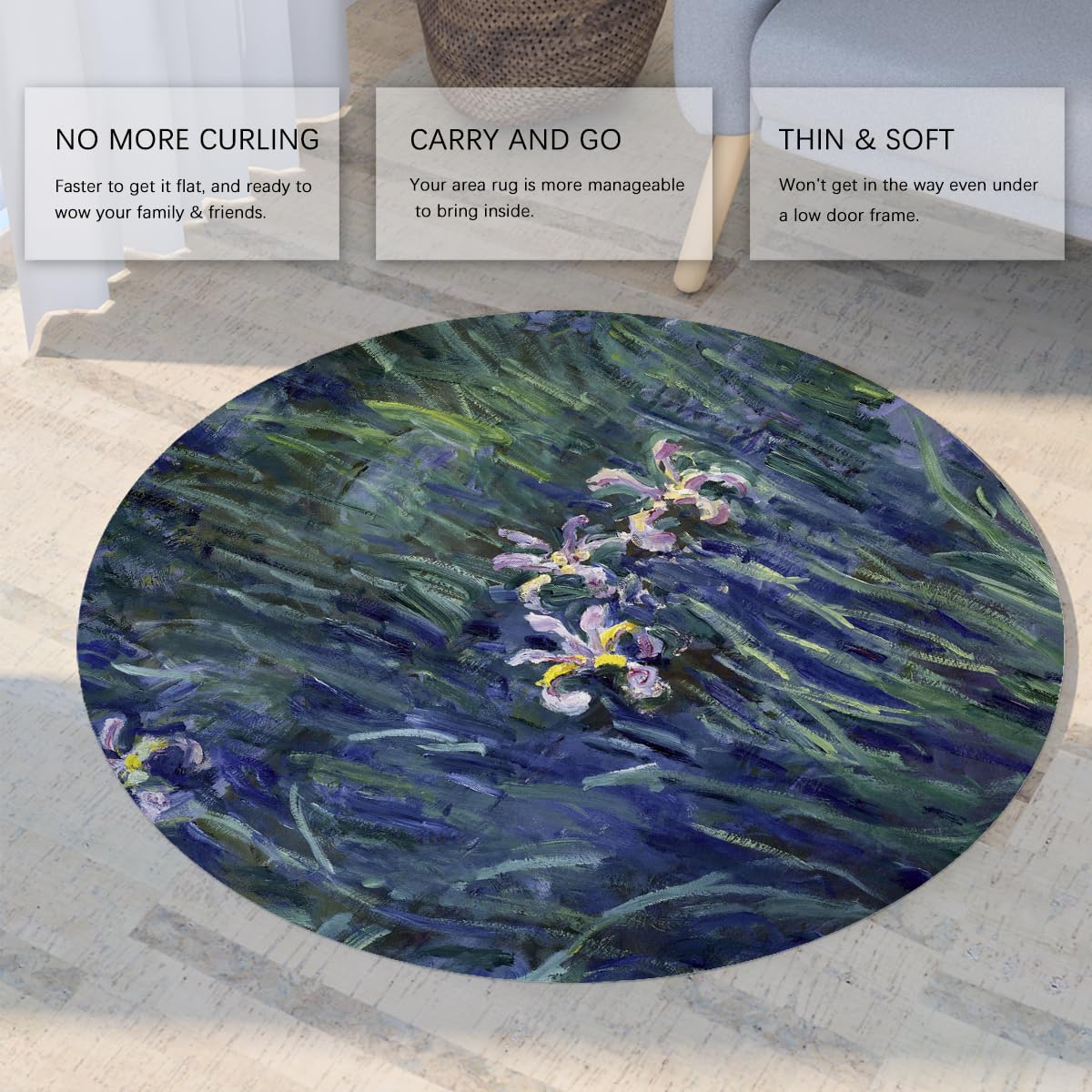 Runde Teppiche 70cm Botanischer Iris-Teppich für den Eingang | Maschinenwaschbarer rutschfester Kreisteppich Impressionistenkunst Weicher Flachprofil-Innenteppich für Leseecke