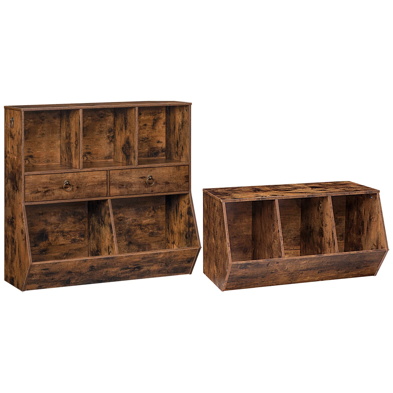 Photo 1 of HOOBRO Toy Storage Cubby, Kids Bookshelf, Stackable 3-Bin Toy Storage Cabinet, 5 Compartments and 2 Drawers, for Game Room, Bedroom, Playroom, Nursery, School, Rustic Brown BF30CW01- FG33CW01