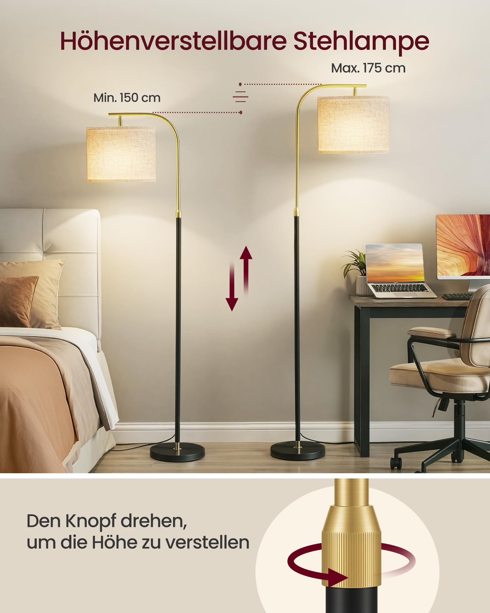 VASAGLE Stehleuchte, Bogenlampe, Stehlampe, höhenverstellbare Leselampe, 150-175 cm hoch, modern, mit Fußtaster, Lampenschirm aus Stoff, E27 Fassung, Mattschwarz LFL006BD02