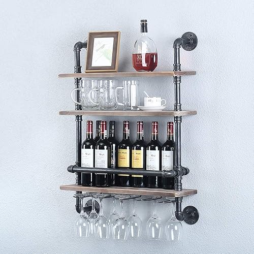 Estante industrial para tubos de vino montado en la pared con soporte de vidrio de 5 tallas estante de pared de madera real de 236in estante de