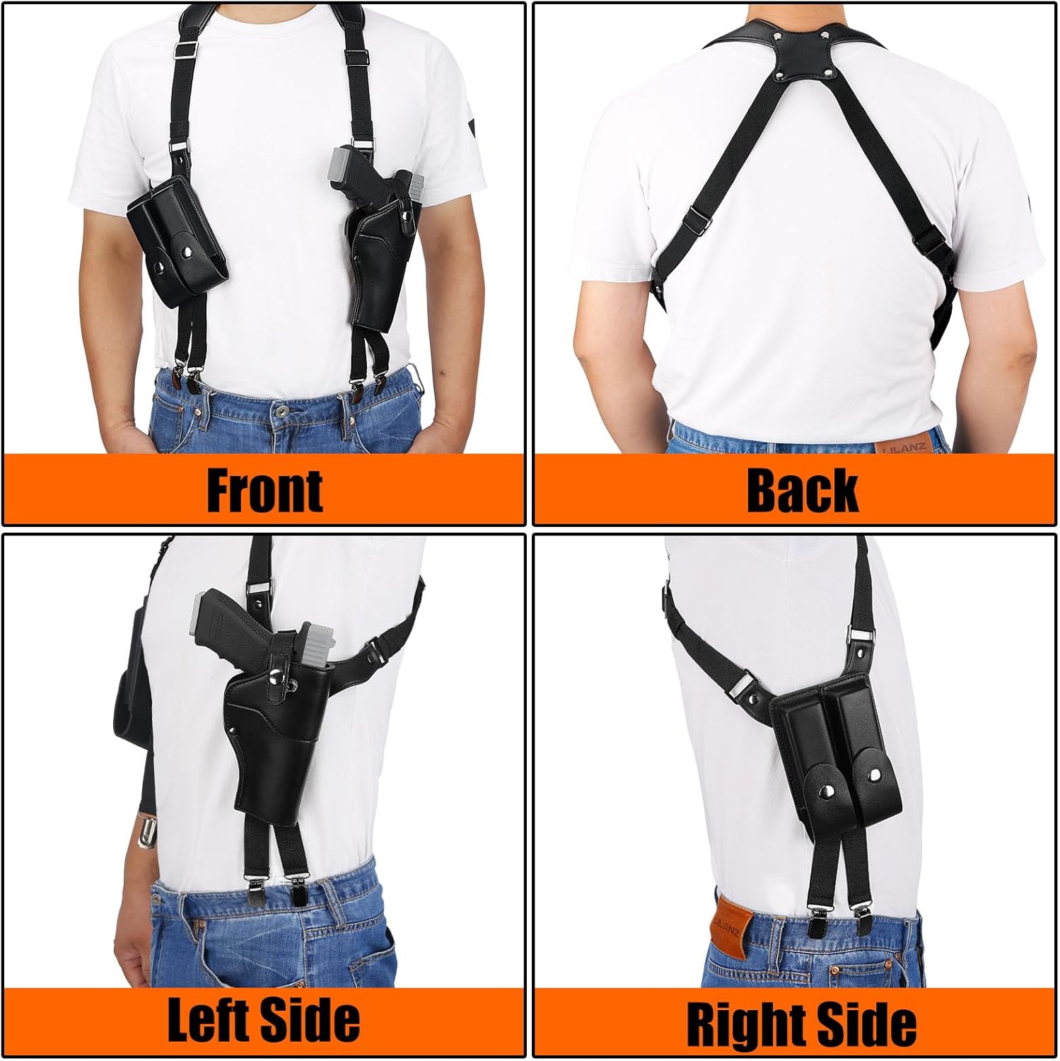 Shoulder Holster for Concealed Carry,Yigerlee Adjustable Vertical Gun Holster with Double Magazine Pouch,Made from Soft Microfiber Leather, Fits 1911, Glock 17/19, Beretta 92FS and More Pistol