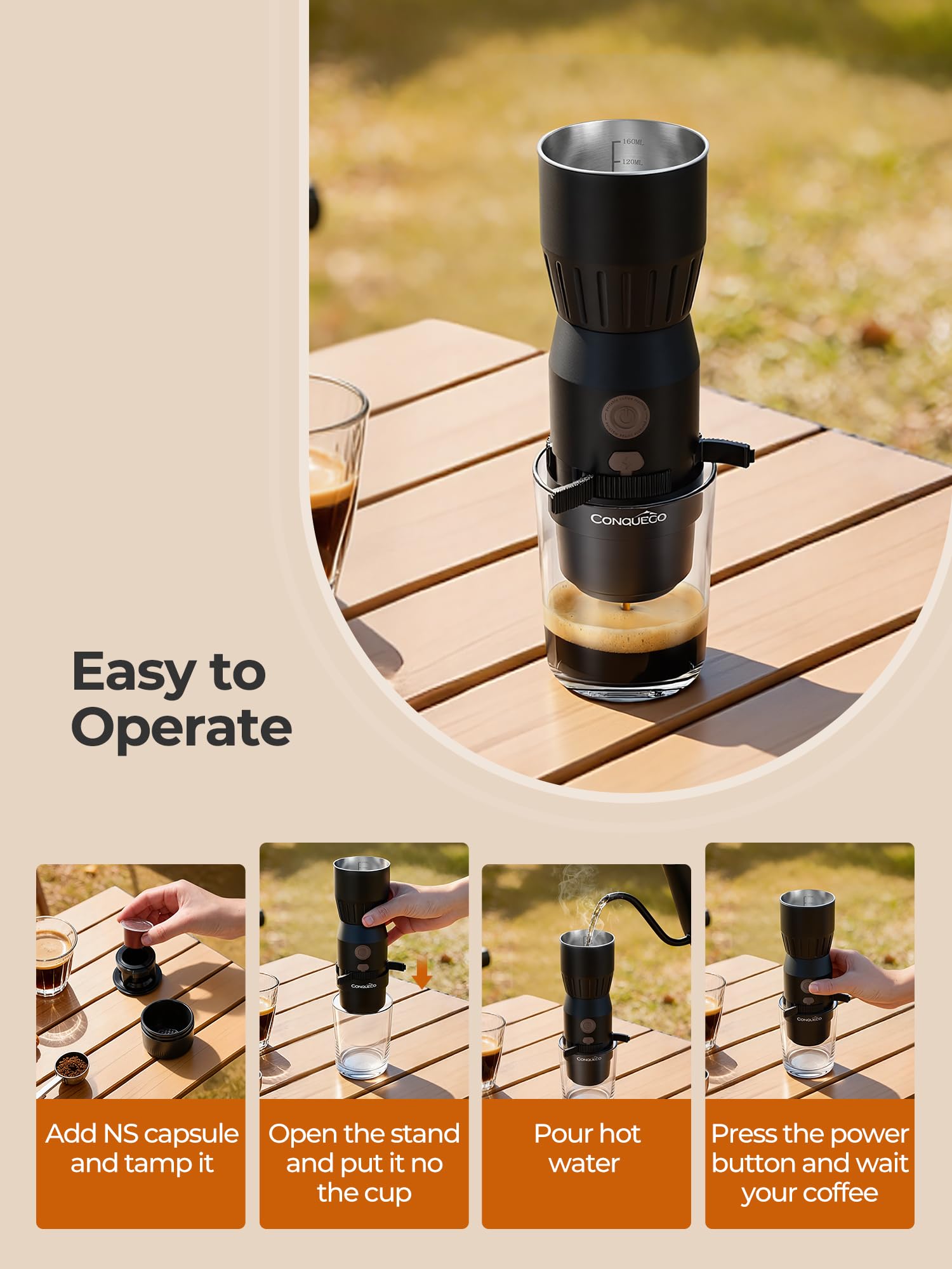 CONQUECO Machine à Café Portable Électrique 20 Bars, 160ml, Pompe Pression Batterie, Compatible Capsule et Café Moulu, USB-C Rechargeable pour Camping Voyage Bureau (Non auto-chauffant) (Noir)