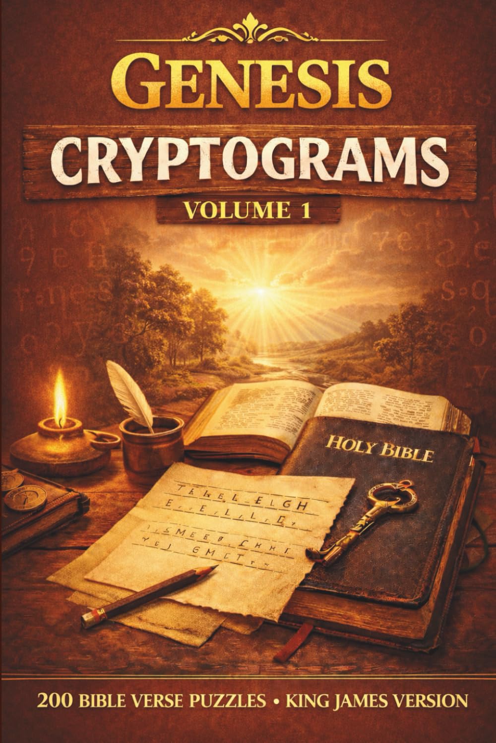 The Divine Puzzles: Genesis Cryptograms Vol. 1: 200 KJV Bible Verse Puzzles; A Randomized Collection of King James Version Scripture Cryptograms on Creation and the Book of Beginnings