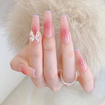 Amazon | ネイルチップ ピンク 蝶 かわいい つけ爪 ライン