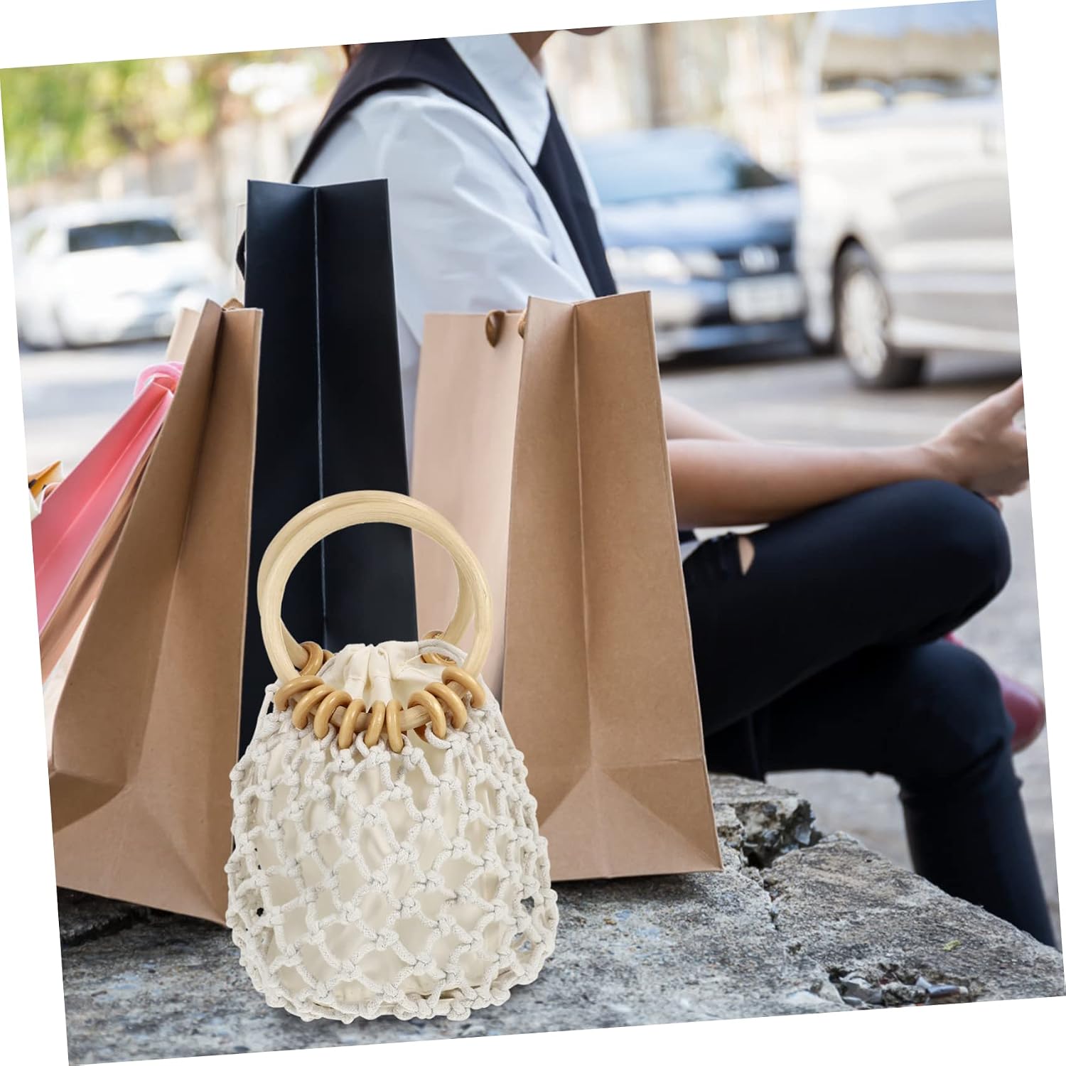 Straw Bag Handbag Women Fashion Clutch Mesh Beach Bag Small Pouch Drawstring Woven for Casual Beach Shopping Student