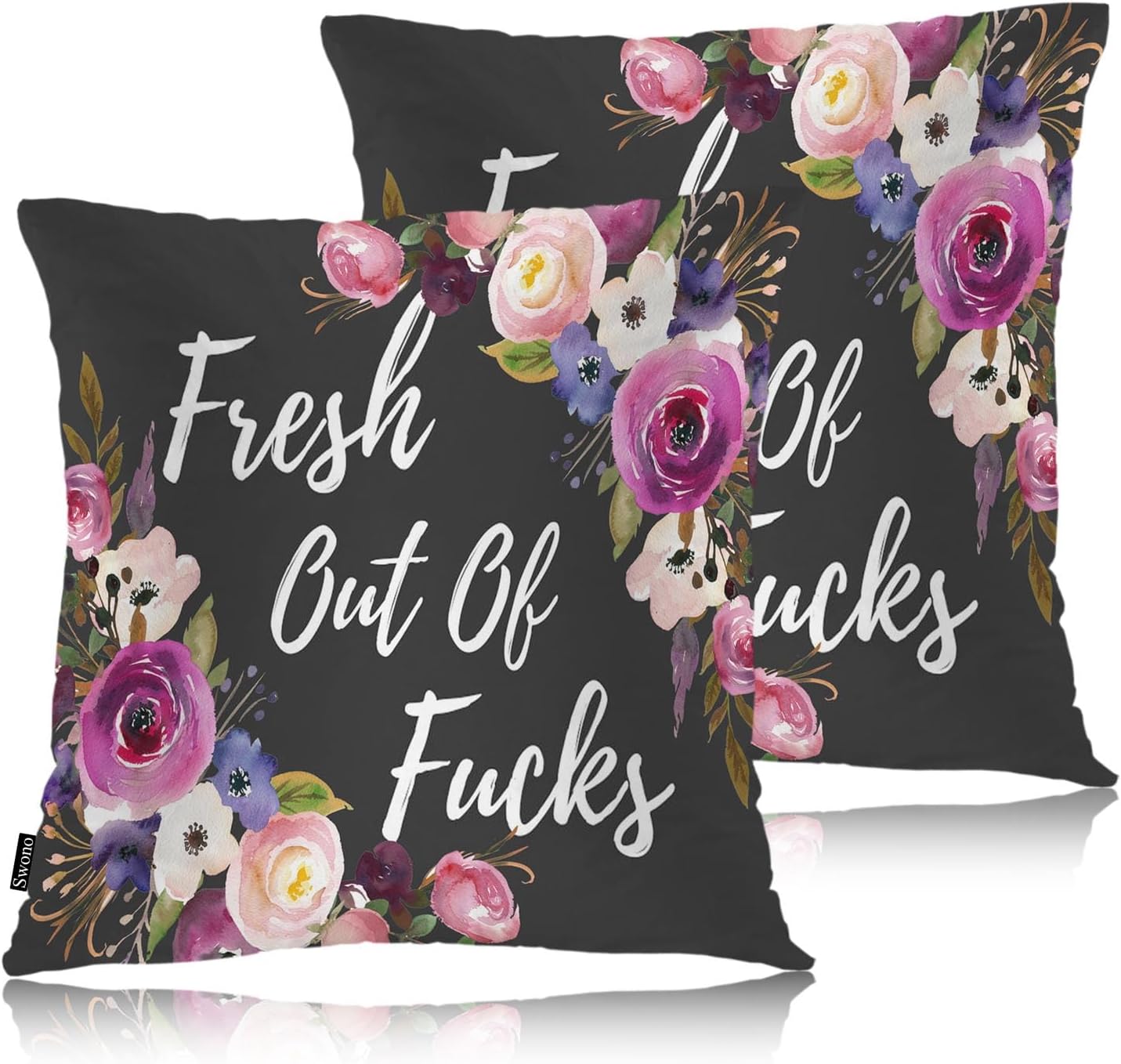 Swono Fresh Out of Fucks Set of 2 Square 18x18 Inch Throw Pillow Cover Funny Quote Soft Pillowcases Retro Rose Pillow Cushion Covers for Home Sofa Couch Garden Bench Living Room Car Decoration