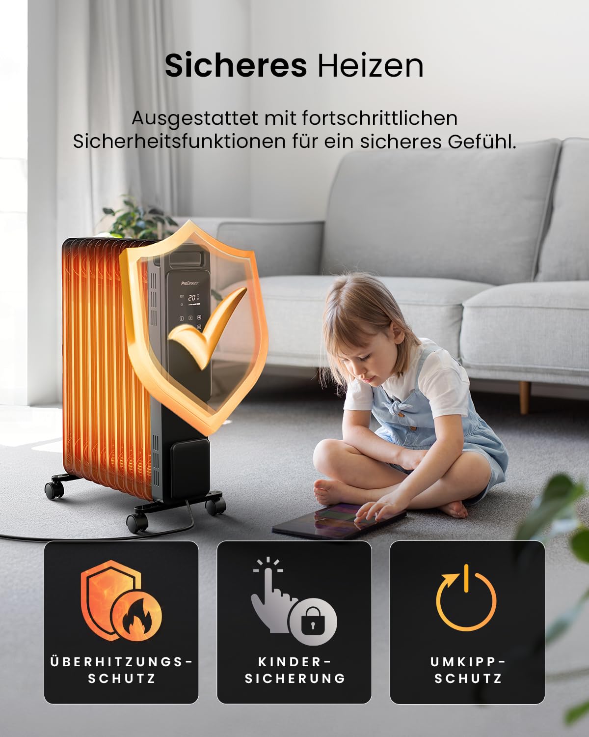 Pro Breeze 2500W Ölradiator mit 11 Lamellen, Smart Heizung elektrisch - Ölradiator energiesparend, 3 Heizstufen, Einstellbares Thermostat, WLAN, 24h Timer, Touch Display & Sicherheitsabschaltfunktion