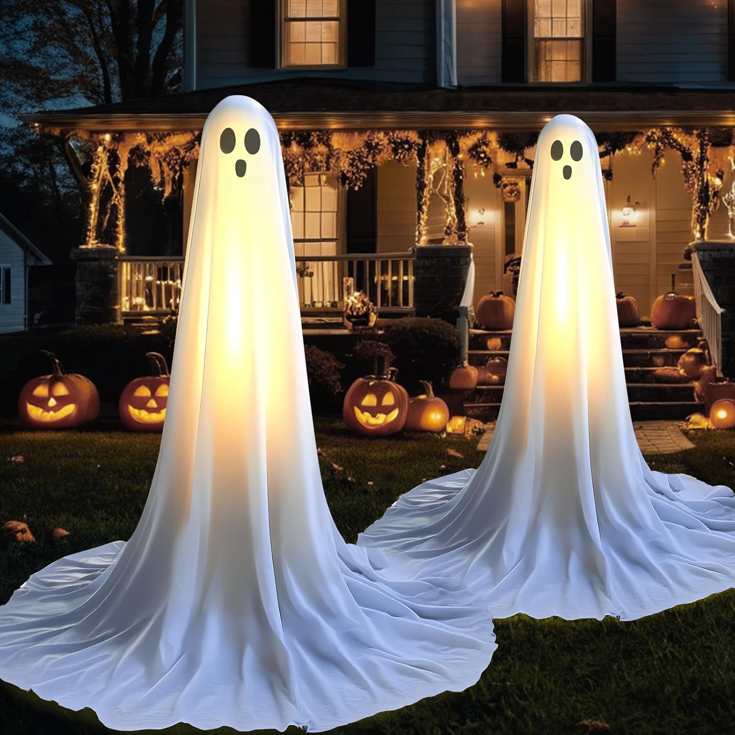 Evoio Halloween Decorations Outdoor 2 Packs 57'' Standing Ghost Adjustable Height, Light Up Spooky Halloween Decor with Built-in LED, Indoor Outside Yard Porch Lawn Party Supplies Decors Warm White