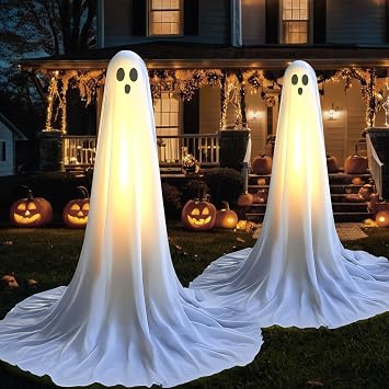 Evoio Halloween Decorations Outdoor 2 Packs 57 Standing Ghost Adjustable Height, Light Up Spooky Halloween Decor with Built-in LED, Indoor Outside Yard Porch Lawn Party Supplies Decors