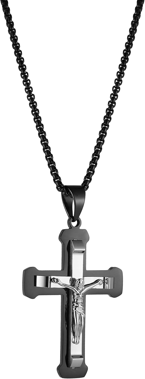 HZMAN Men's Jesus Stainless Steel Pendant Necklace Silver Gold Black Multicolor Cross, 22 + 2 Inch Chain - Image 5