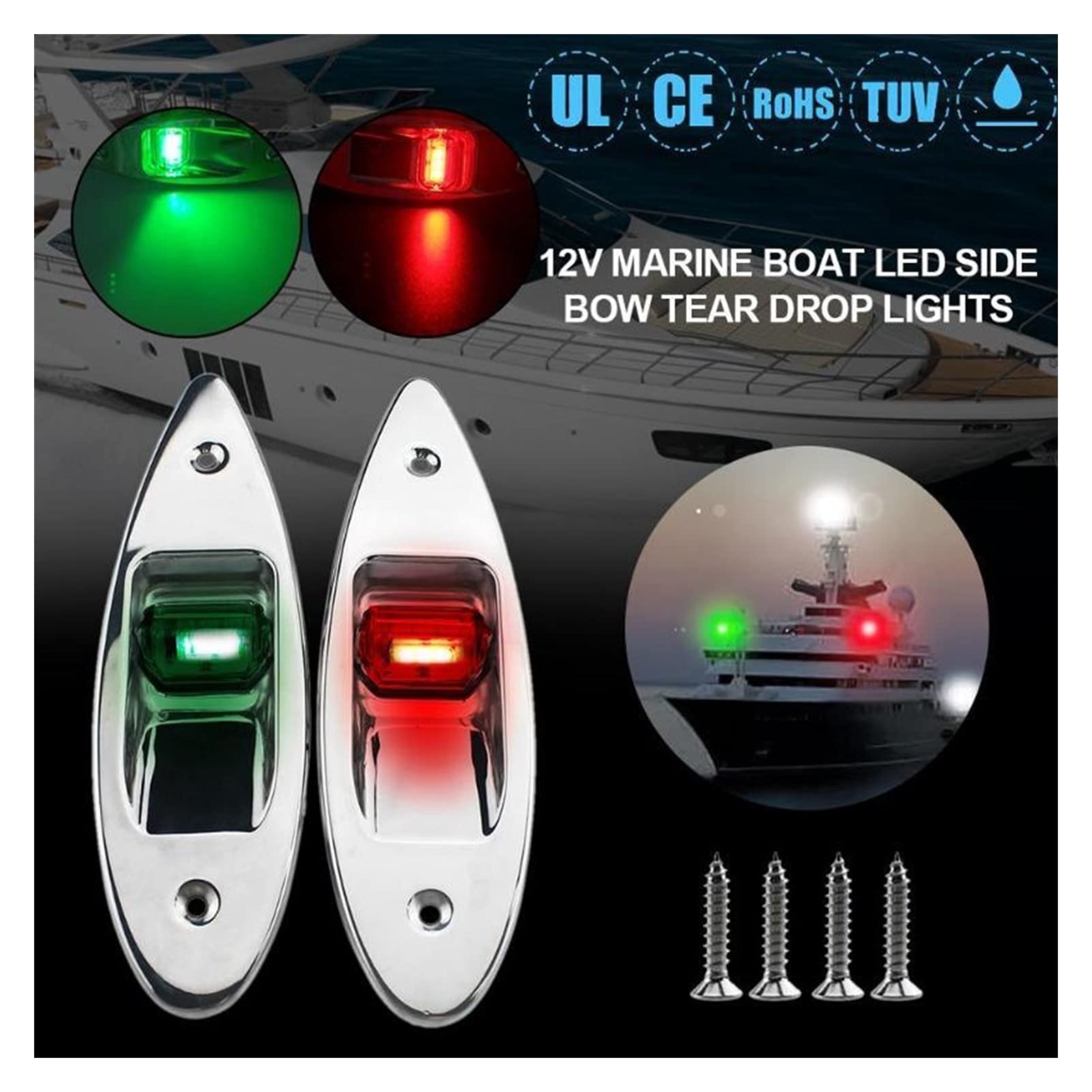 2 pz. GUIDATO Barca marina del monte rossa + verde RV LED. Luci di navigazione laterali 12V natura bianco 5050" Accessori in acciaio inossidabile Per la navigazione e la pesca