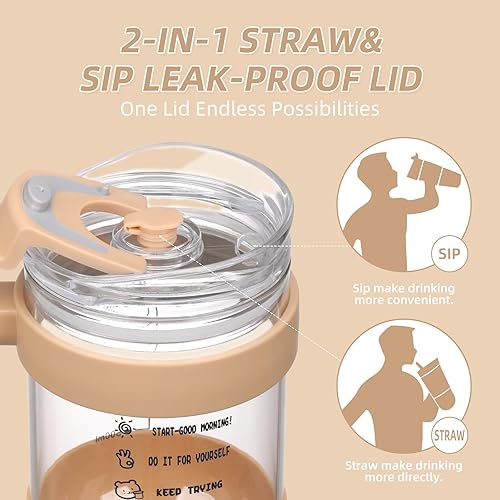 Miniatura 3 de Vaso de vidrio de 40 onzas con 2 tapas, tapa de popote de bambú y tapa de popote 2 en 1, taza de café helado con asa, botella de agua de vidrio con