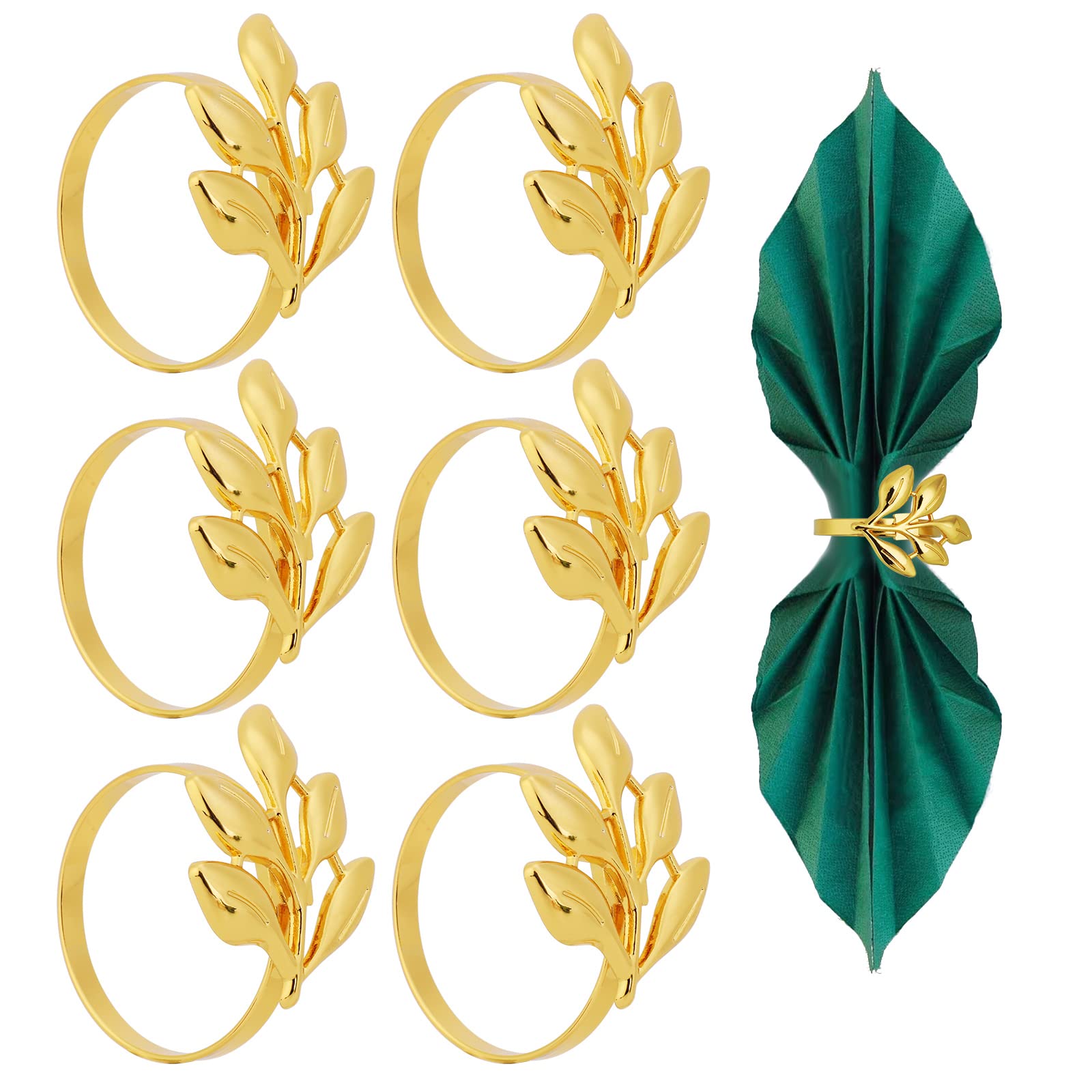 6Piezas Anillos Servilleteros de Metal, Anillos de Servilleta, Servilleteros de Hoja Aro de Servilleta Hebilla decoración de Mesa para Bodas, Navidad, Reuniones Familiares, Cenas(Dorado)