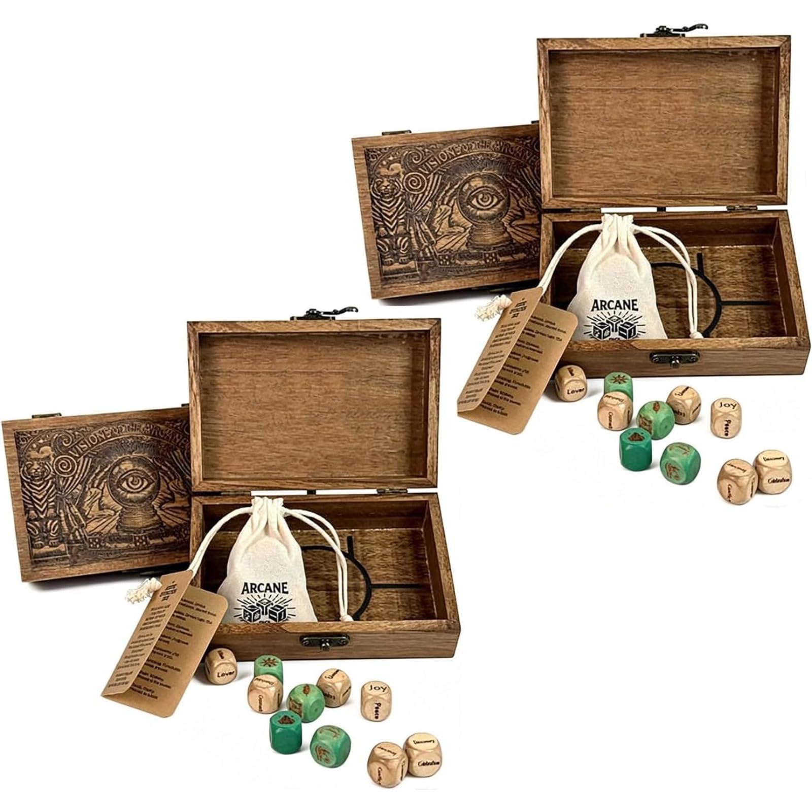 Arcane Divination Dice Set – Engraved Wooden Box, Oracle Dice for Tarot Ritual, Handcrafted Intuition Amplifier, Complete 10-Piece Dice for Deep Symbolic Insight & Daily Guidance (2PCS)