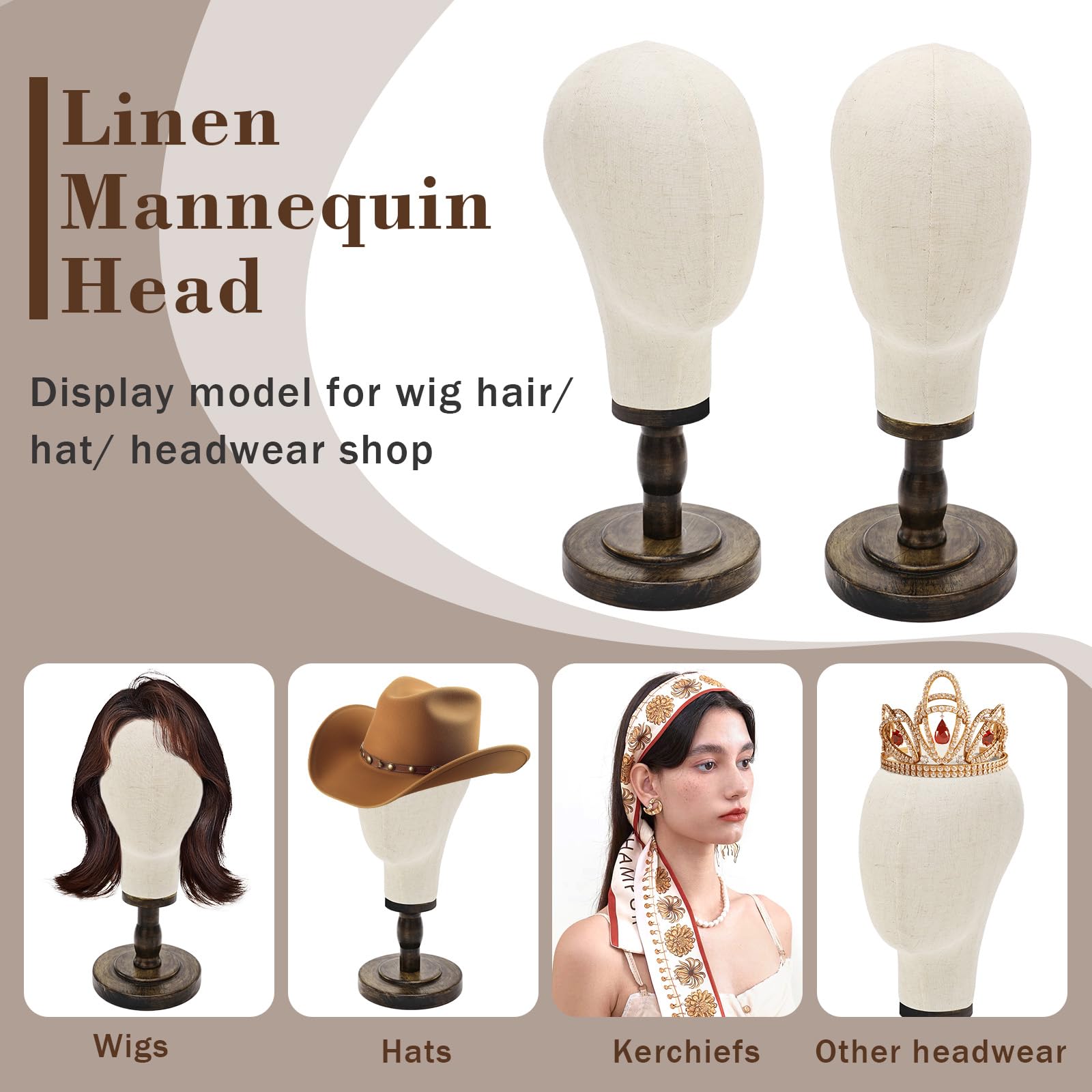 Perückenkopf 22 Inch (55cm) Dekokopf mit Holzständer Leinwand Perücke Mannequin Kopf Hutständer