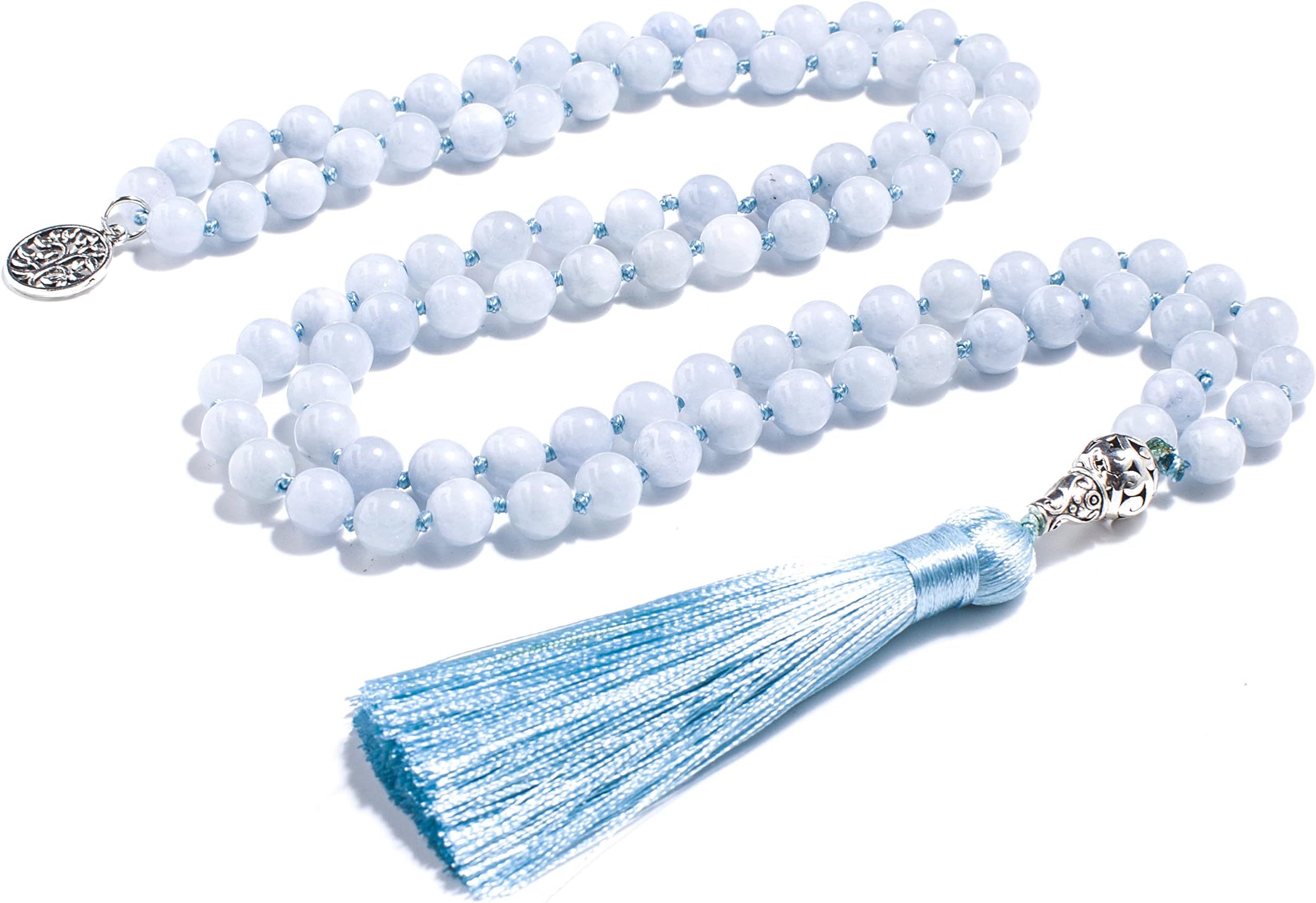 108 Mala Prayer Beads Necklace Natural Stones Meditation Yoga Jewery 108 Hand Knotted Japa Mala Beaded Long Tassel Necklace with Tree of Life Pendant for Men and Women