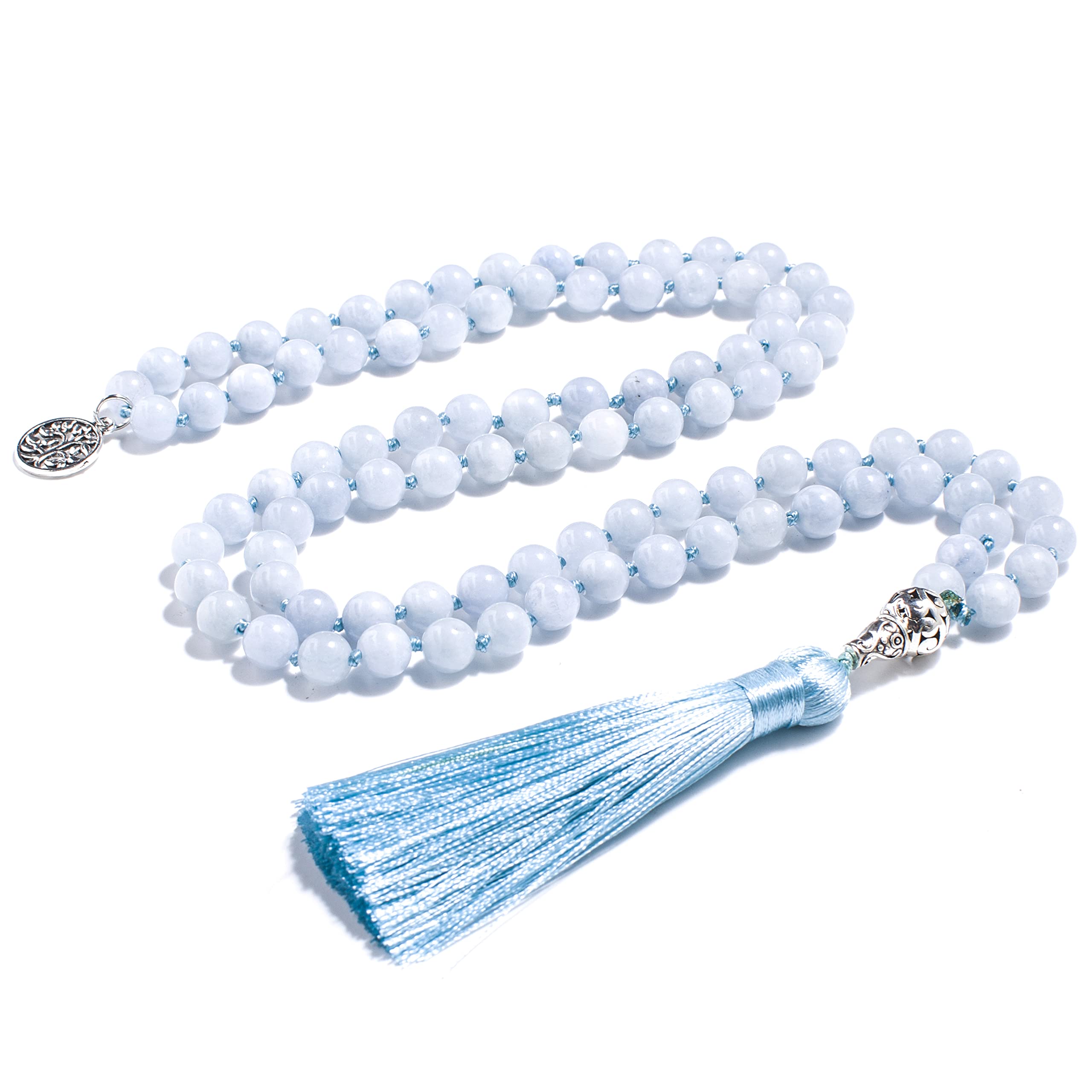 108 Mala Prayer Beads Necklace Natural Stones Meditation Yoga Jewery 108 Hand Knotted Japa Mala Beaded Long Tassel Necklace with Tree of Life Pendant for Men and Women