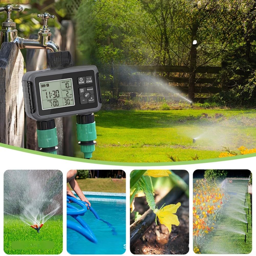 Temporizador de agua programable para grifo de jardín con configuración de entrada y salida de zonas duales independientes y capacidad de anulación manual