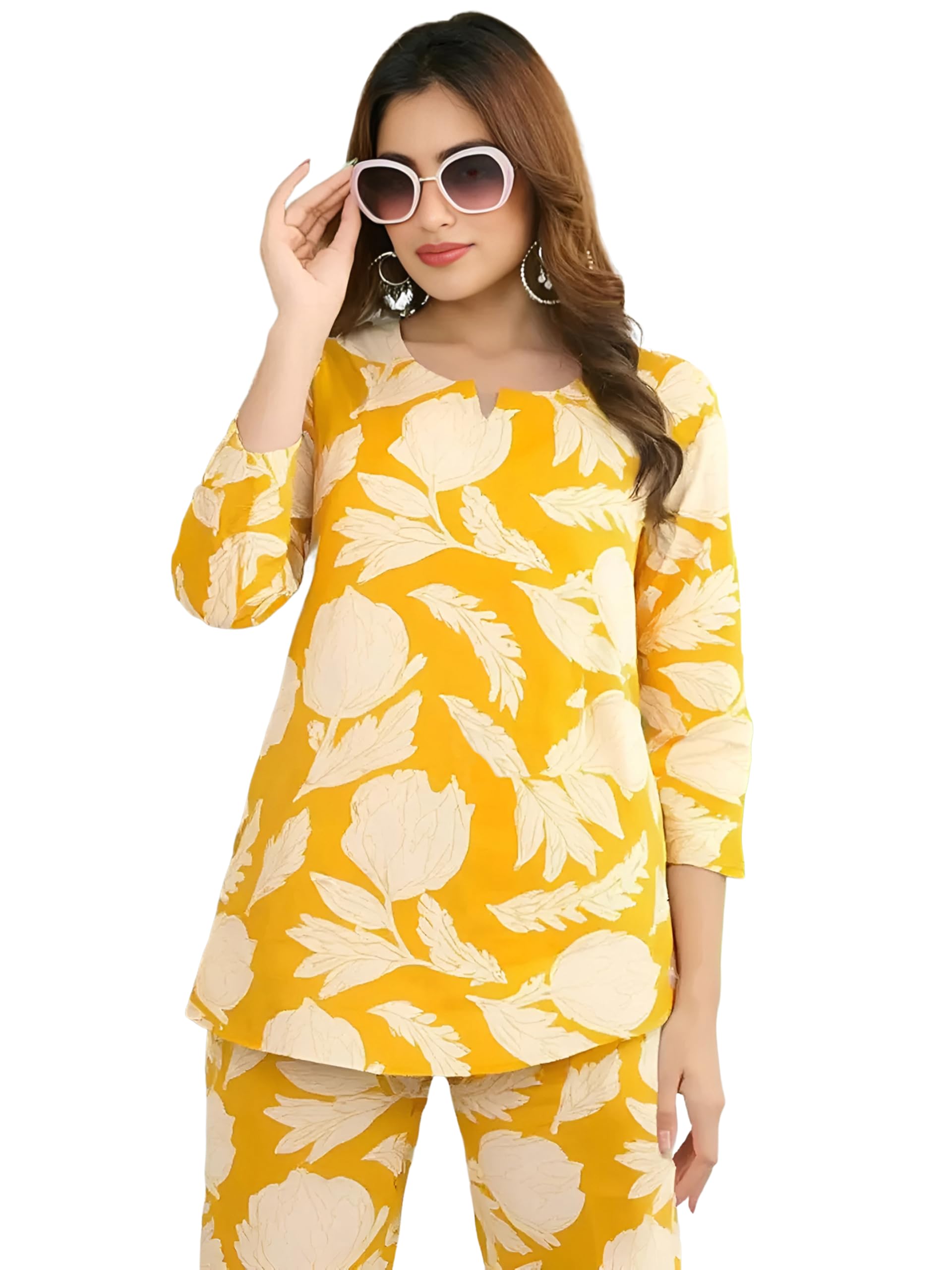 Pinkmint Women's Pure Cotton Co Ord Set L Printed Stylish Top & Bottom Set L Wide-Leg Pant Loungewear L Day-To-Night Comfort Wear Yellow