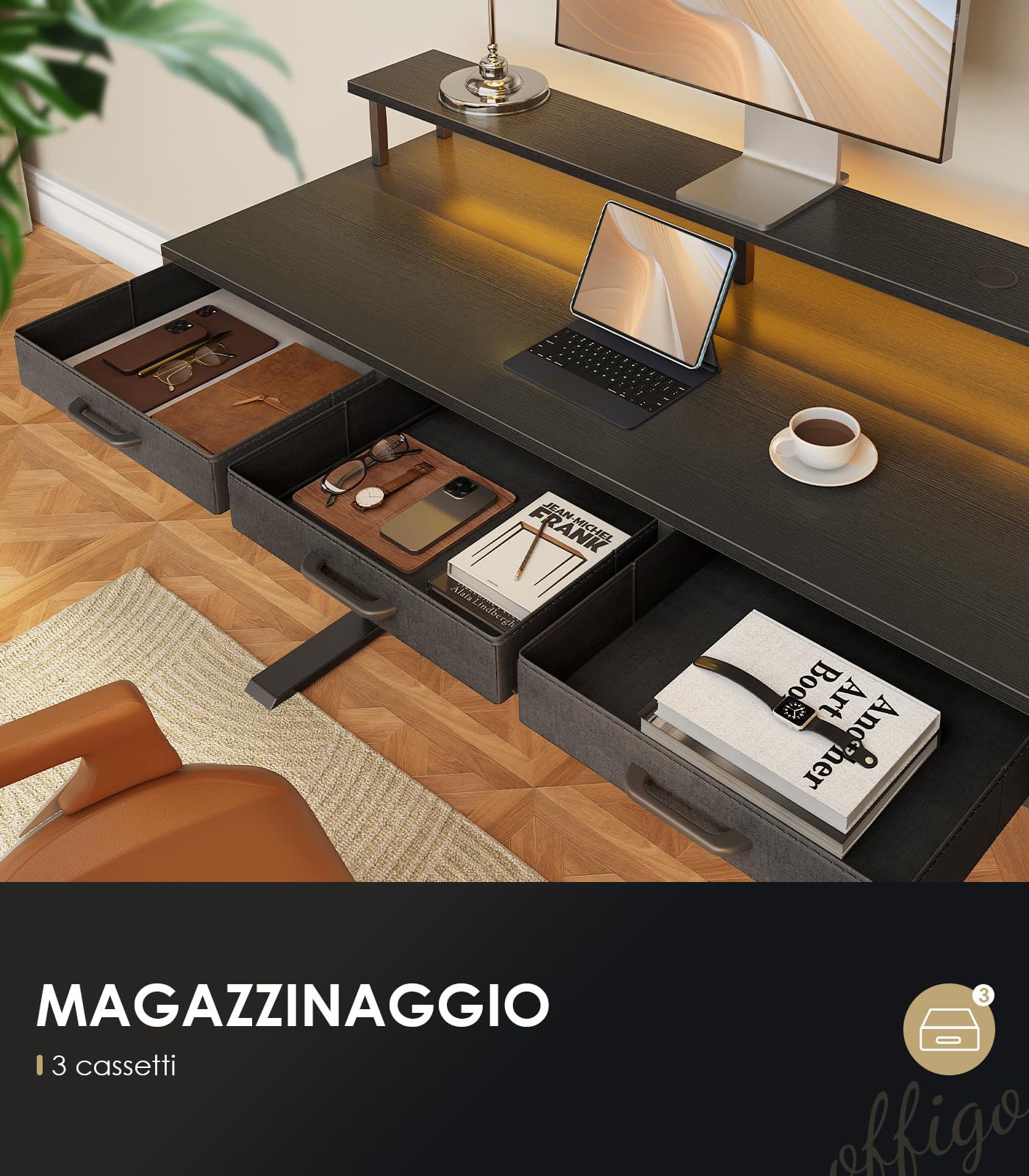 OffiGo Scrivania Elettrica con Cassetti, 120cm Scrivania Elettrica con Supporto per Monitor, Scrivania Gaming con Prese e LED Luminosa, Scrivanie, Nero