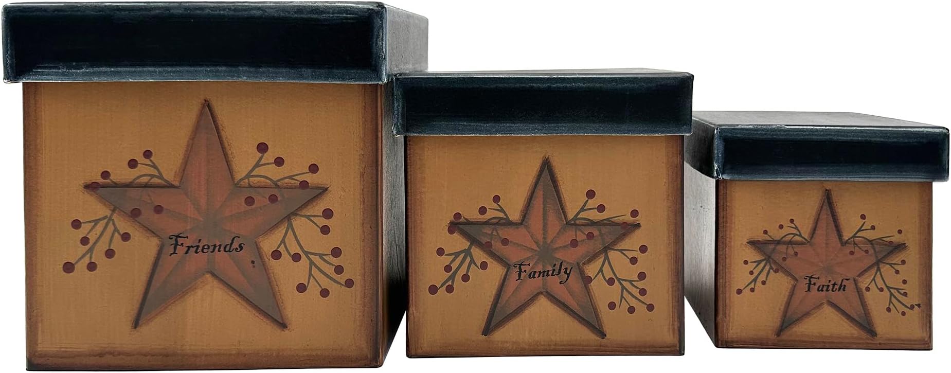 Star & Berries Papier Mache Nesting Boxes Faith Family Friends Country Primitive Décor
