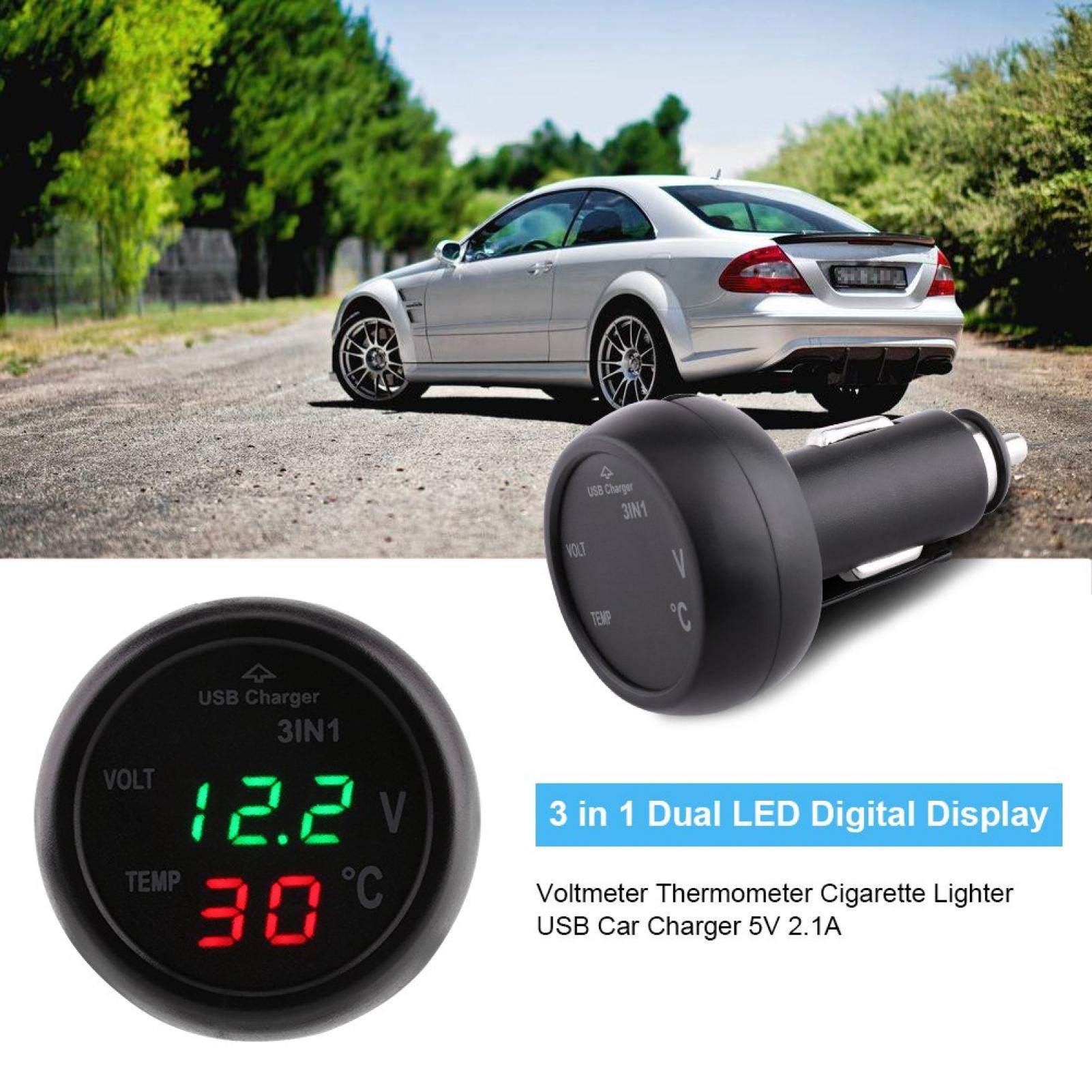 Testeur de moniteur de température de tension numérique KIMISS, camion de voiture 3 en 1 double affichage LED voltmètre thermomètre allume-cigare USB chargeur de voiture pour SUV (Vert + rouge)