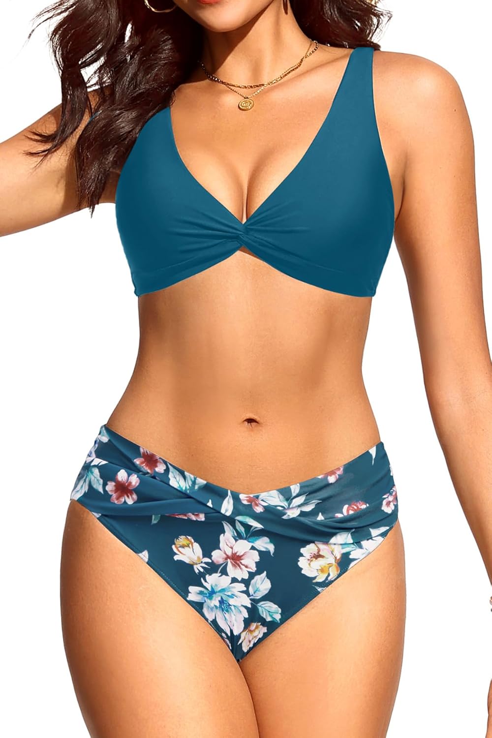 Yonique Women Two Piece Swimsuit - Knot Twist Bikini Set V Cut Bathing Suit 2026 Teen Bikini Blue Flower Medium