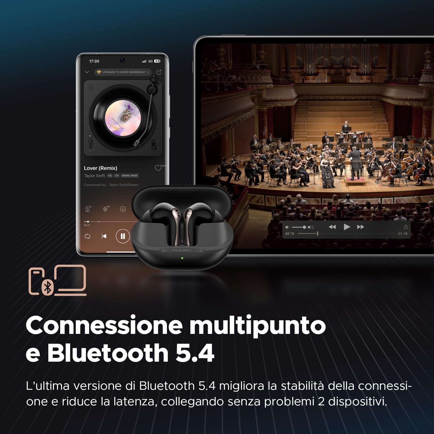 SoundPEATS Air5 Pro Cuffie Bluetooth 5.4 In-Ear, ANC Ibrido Fino a 55 dB, Hi-Res Audio LDAC aptX Lossless, 6 Microfoni cVc 8.0, 37 Ore Batteria Ricarica Rapida, Multipoint, IPX5, App