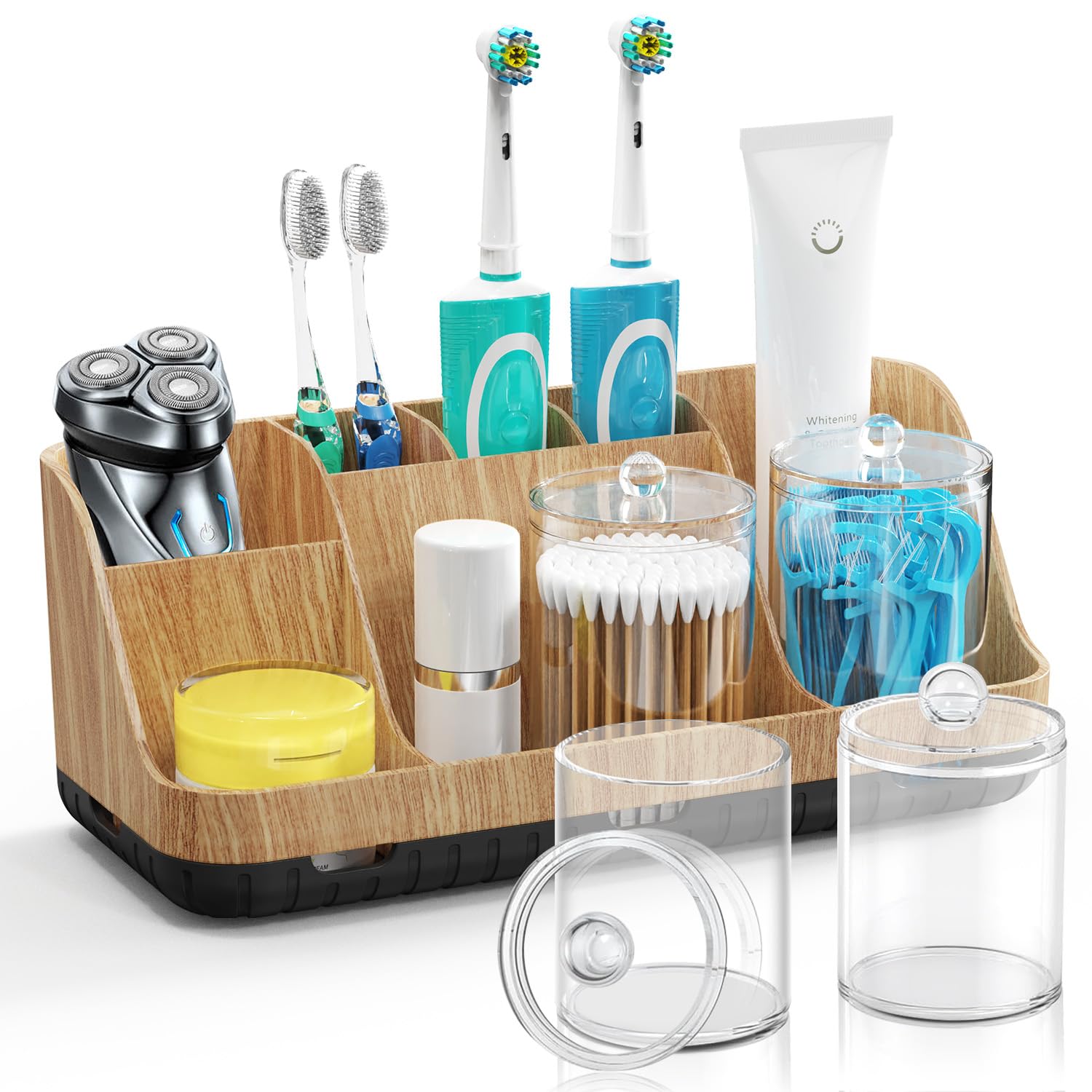 Bathroom Toothbrush Holder Set with 2 Pack Qtip Holder Dispenser - 7 Slots Kids Bathroom Accessory Sets with