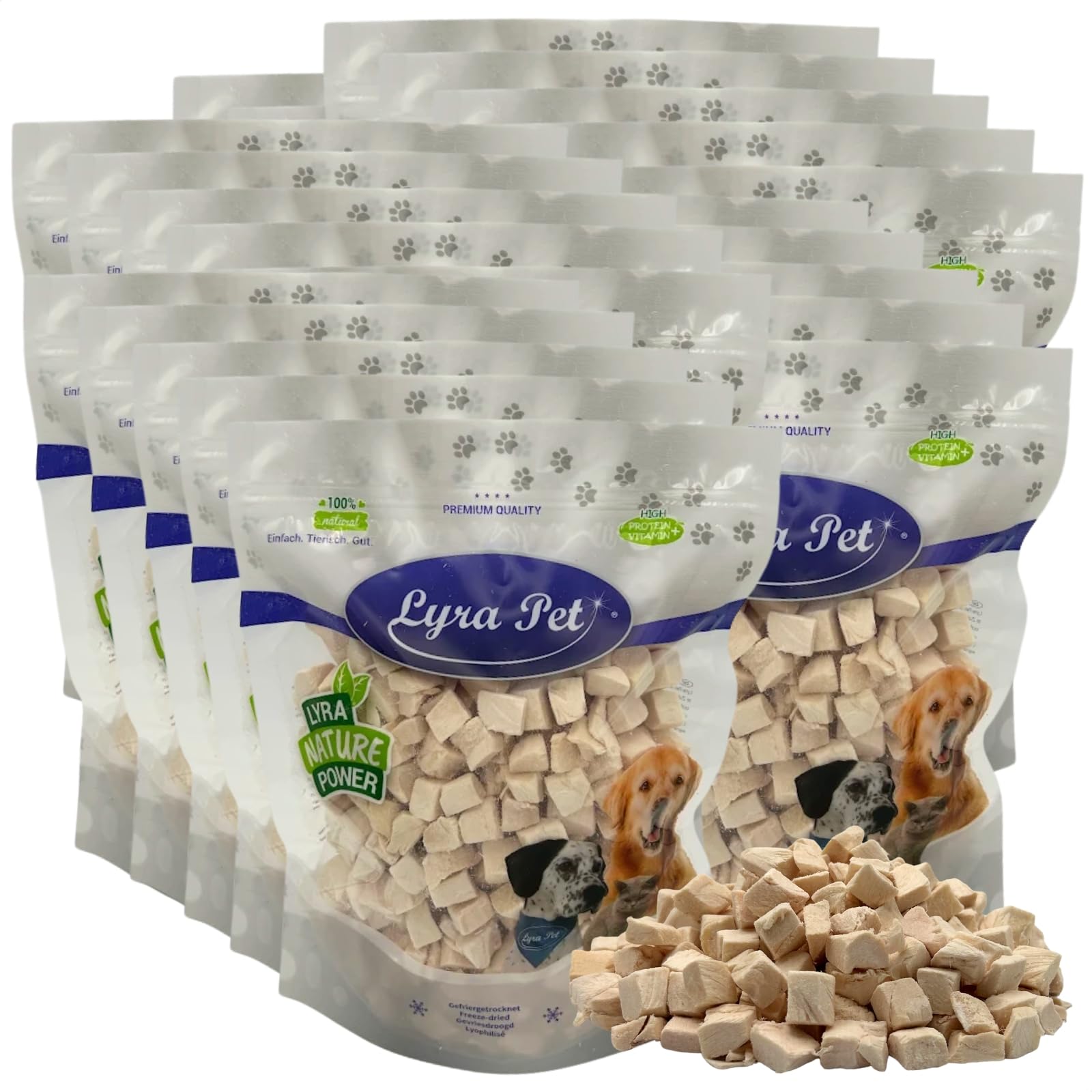 Lyra Pet® 5 kg (25x 200 g) Hühnerbrustwürfel gefriergetrocknet Hund & Katze | Snack für Hunde & Katzen - Getreidefreies & fettarmes Leckerli - Auch für Kitten, Welpen & Senioren - Proteinreiches Futter