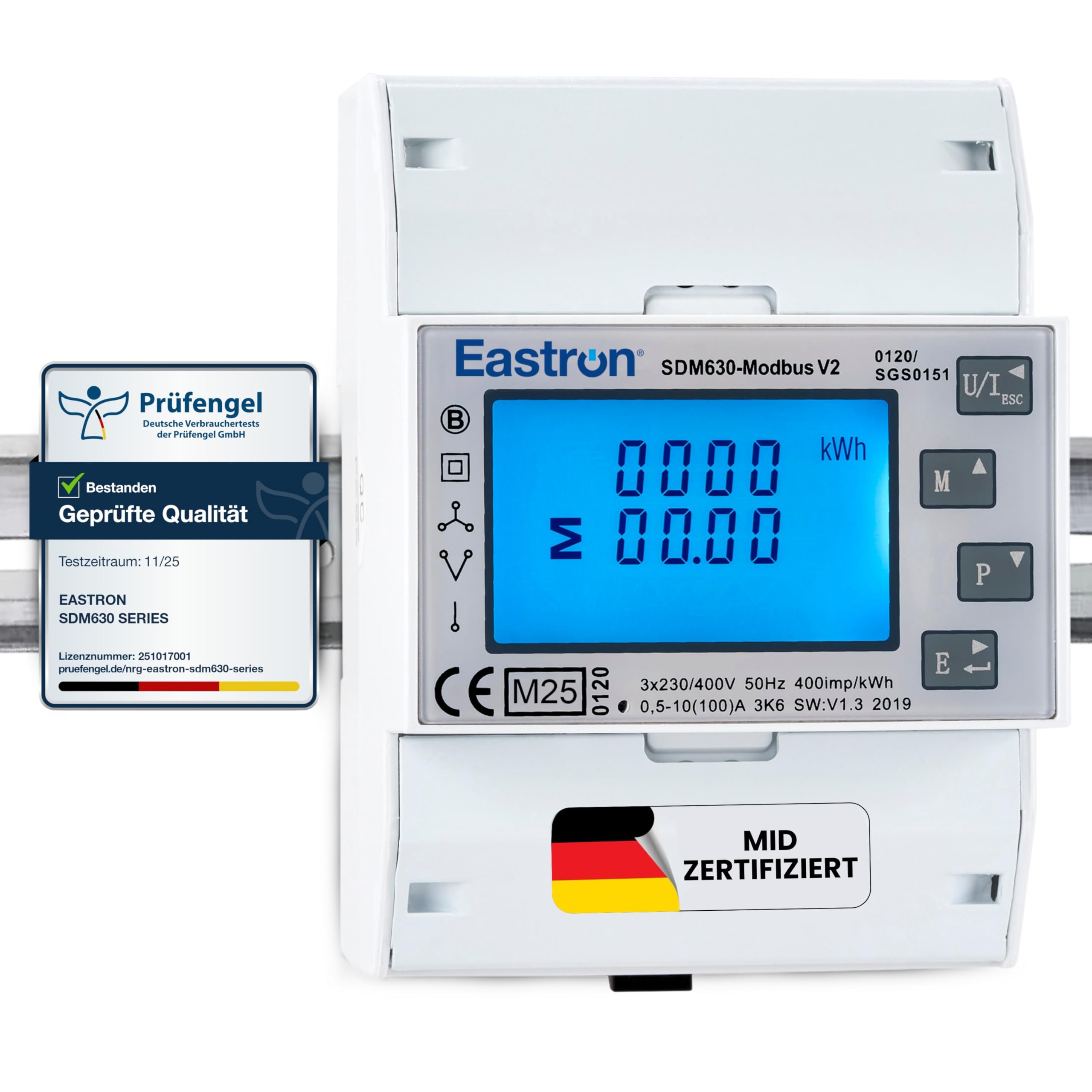 EASTRON SDM630 MODBUS-MID V2 Stromverbrauchsmesser - 1/3 Phasen Stromzähler Hutschiene - Strommessgerät - Drehstromzähler - Modbus RS485 RTU, 100A kWh, Impulszähler & beleuchtetes LCD-Display