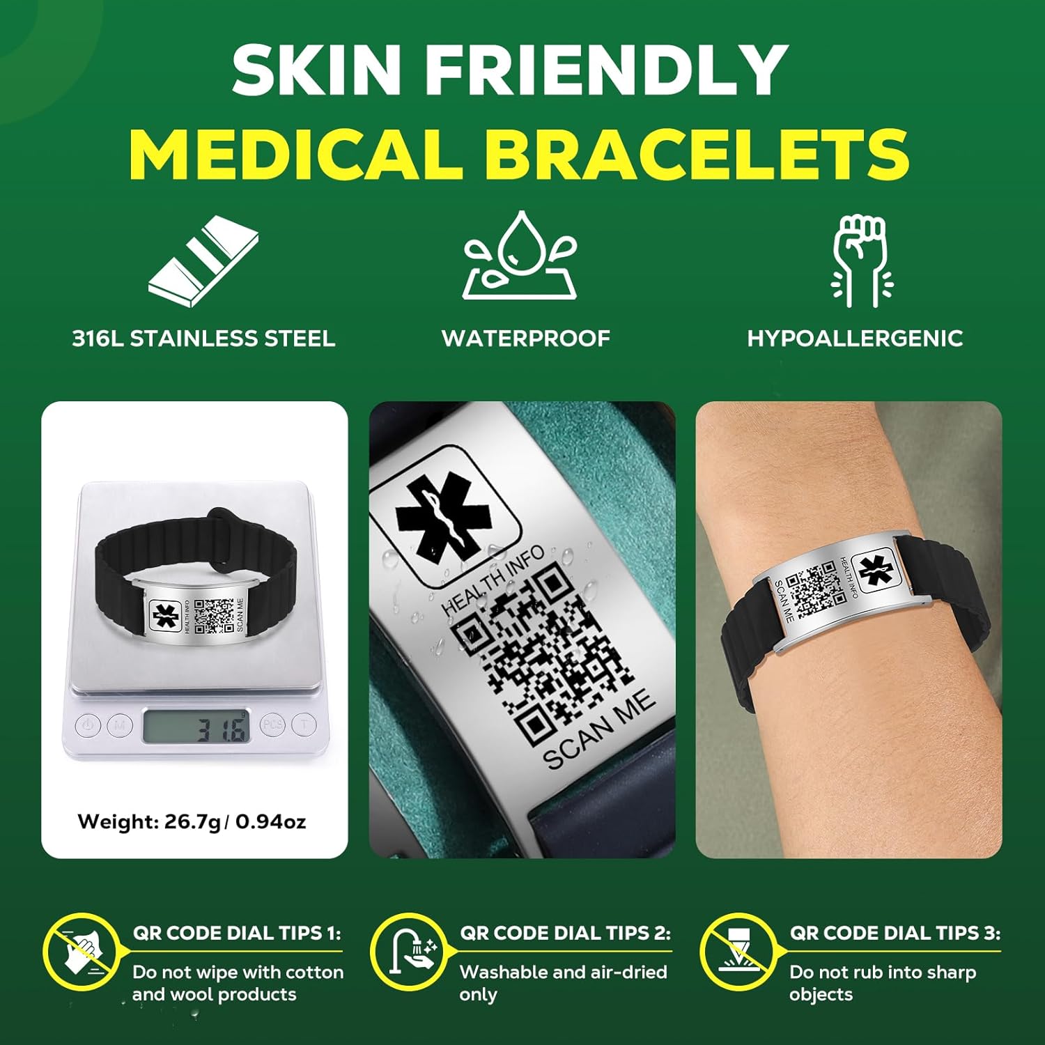 Medical Bracelets for Men Women with QR Code Medical Alert ID Bracelets for Sport Travel - Silicone Waterproof Wristband Fits Wrists Up to 8 inches - More Space Custom Emergency Medic ID Alert Information