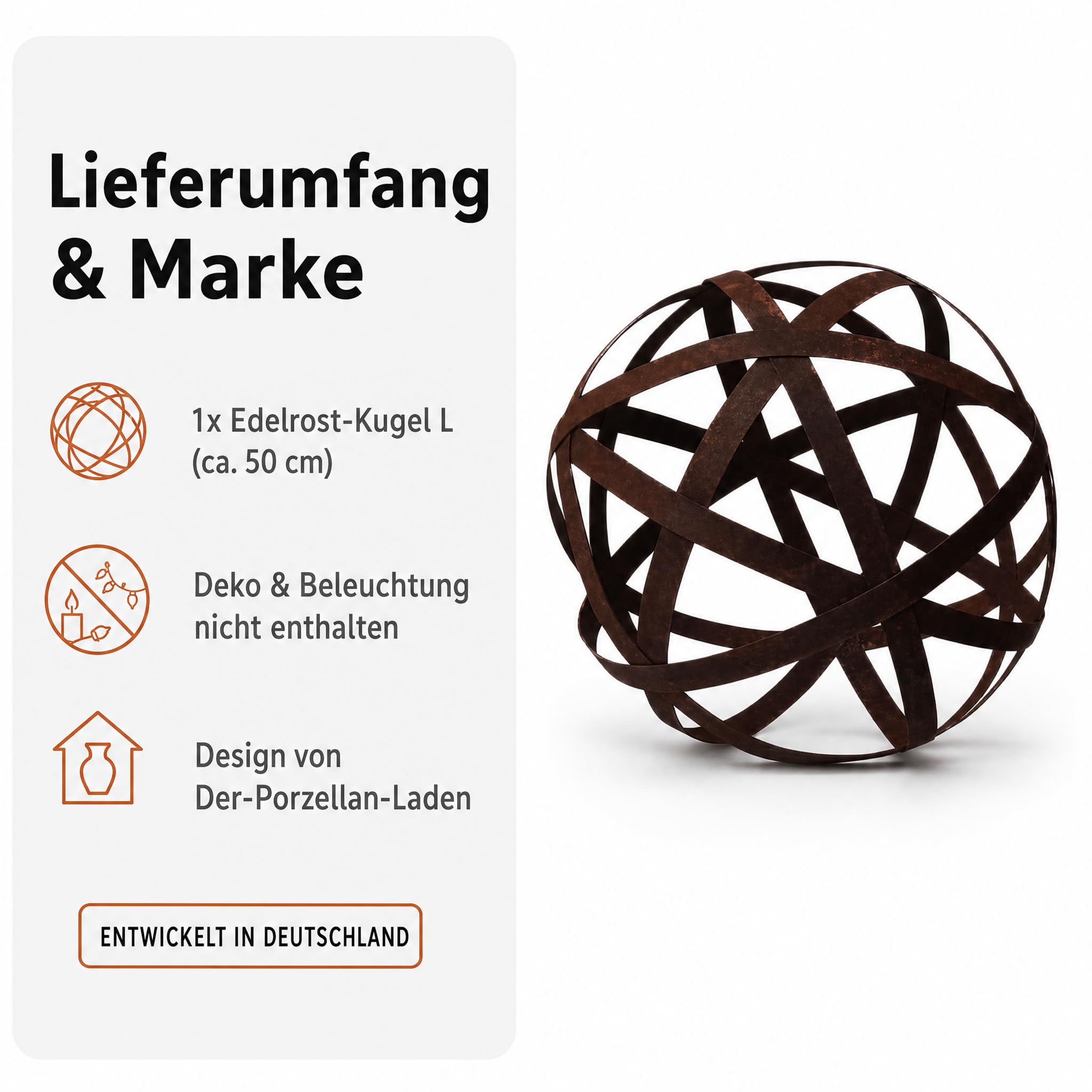 Rostdeko Boule (L) en métal, décoration de jardin boule rouille noble 50 x 50 x 50 cm pour un aménagement créatif en extérieur, résistante aux intempéries et robuste