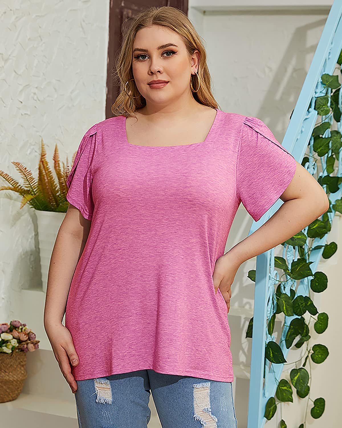 Siddhe Plus Size Tops for Women Petal Short Sleeve Square Neck Shirts Casual Trendy Blouses 2026 Spring Fashion XL-5XL - Image 3