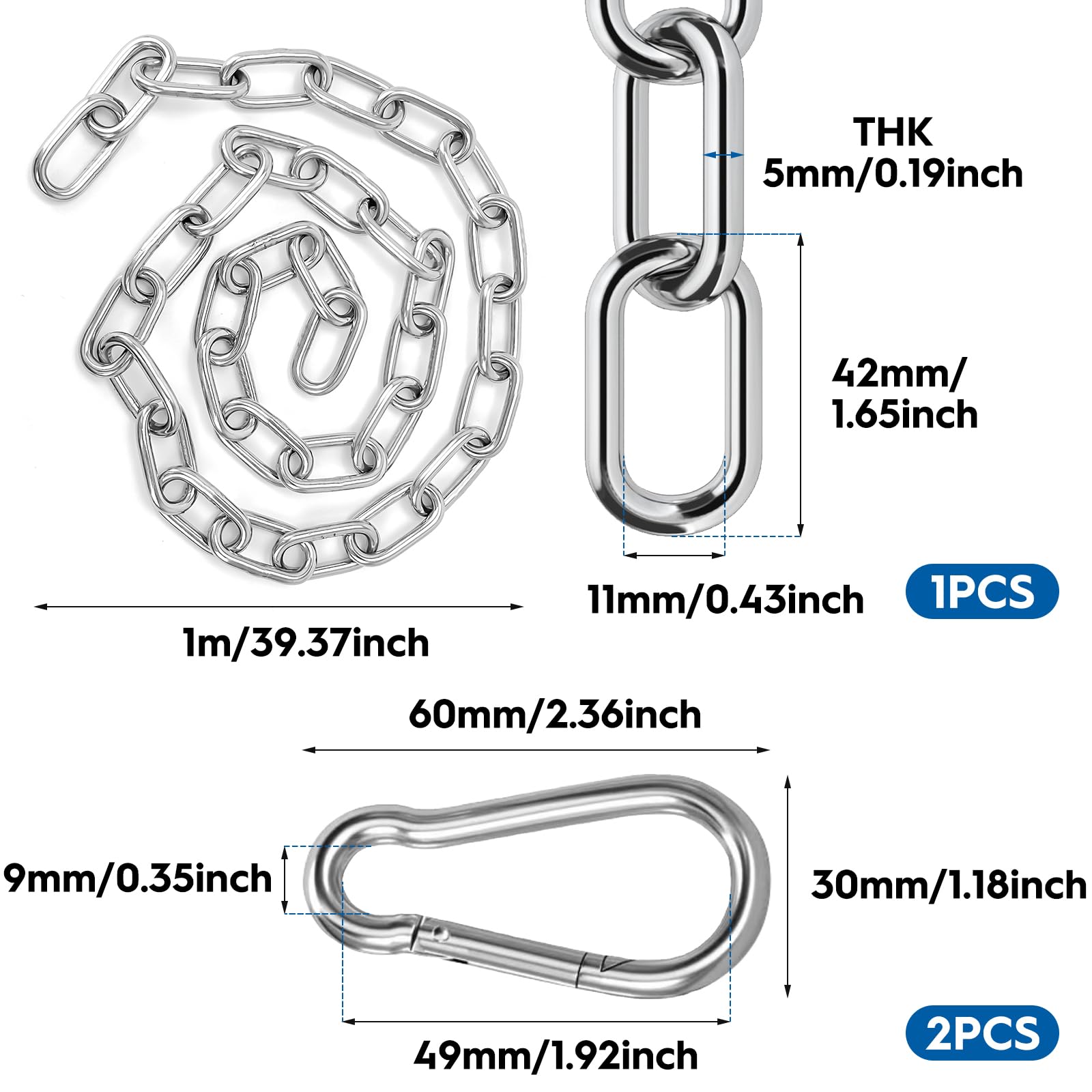 2 Catene In Acciaio Inox Da 1m Con Moschettoni – Carico 70kg Per Appendere Sedie, Amache, Piante