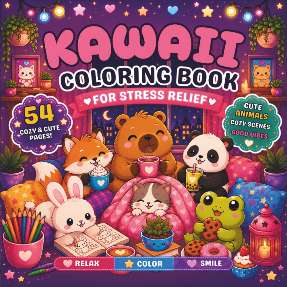 Kawaii Coloring Book for Stress Relief: Cute Animal Book with Cozy Scenes, Sweet Treats and Relaxing Pages