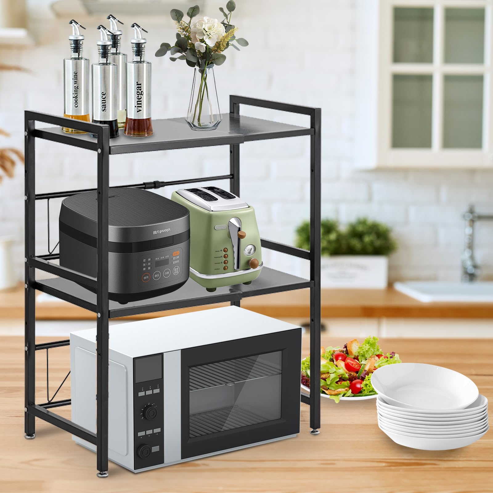 Estantería para microondas, 2 Niveles, Ajustable, 42 – 64 cm, 75 kg de Capacidad de Carga de Acero Inoxidable, Altura Regulable, Estante de Cocina con Gancho (Negro)