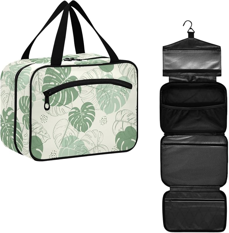 Necessaire de viagem YNNALE com cabide, bolsos e zíper duplo, estampa Green Monstera Leaf