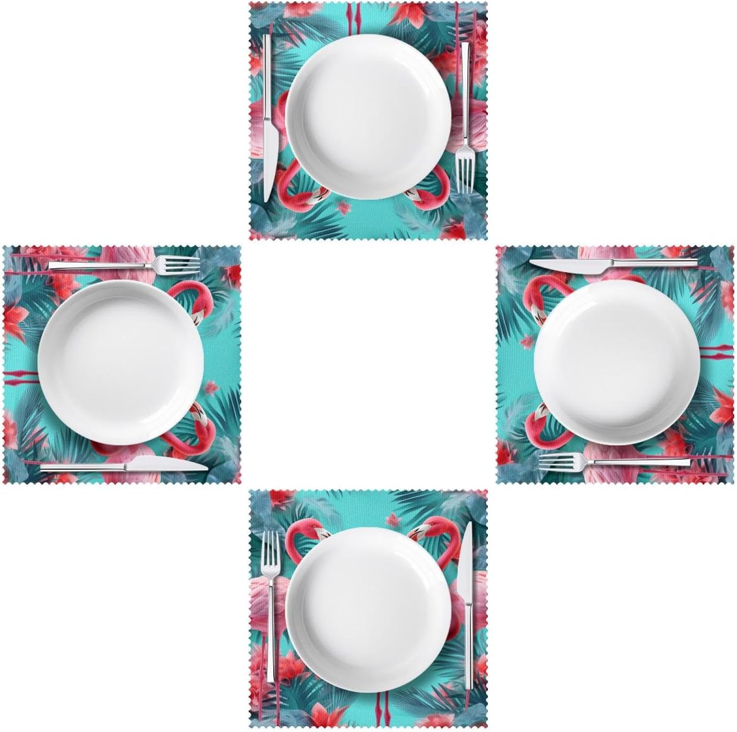 Placemats Set of 4,Washable Place Mats for Dining Table,Tropical Leaves Background Flamingo