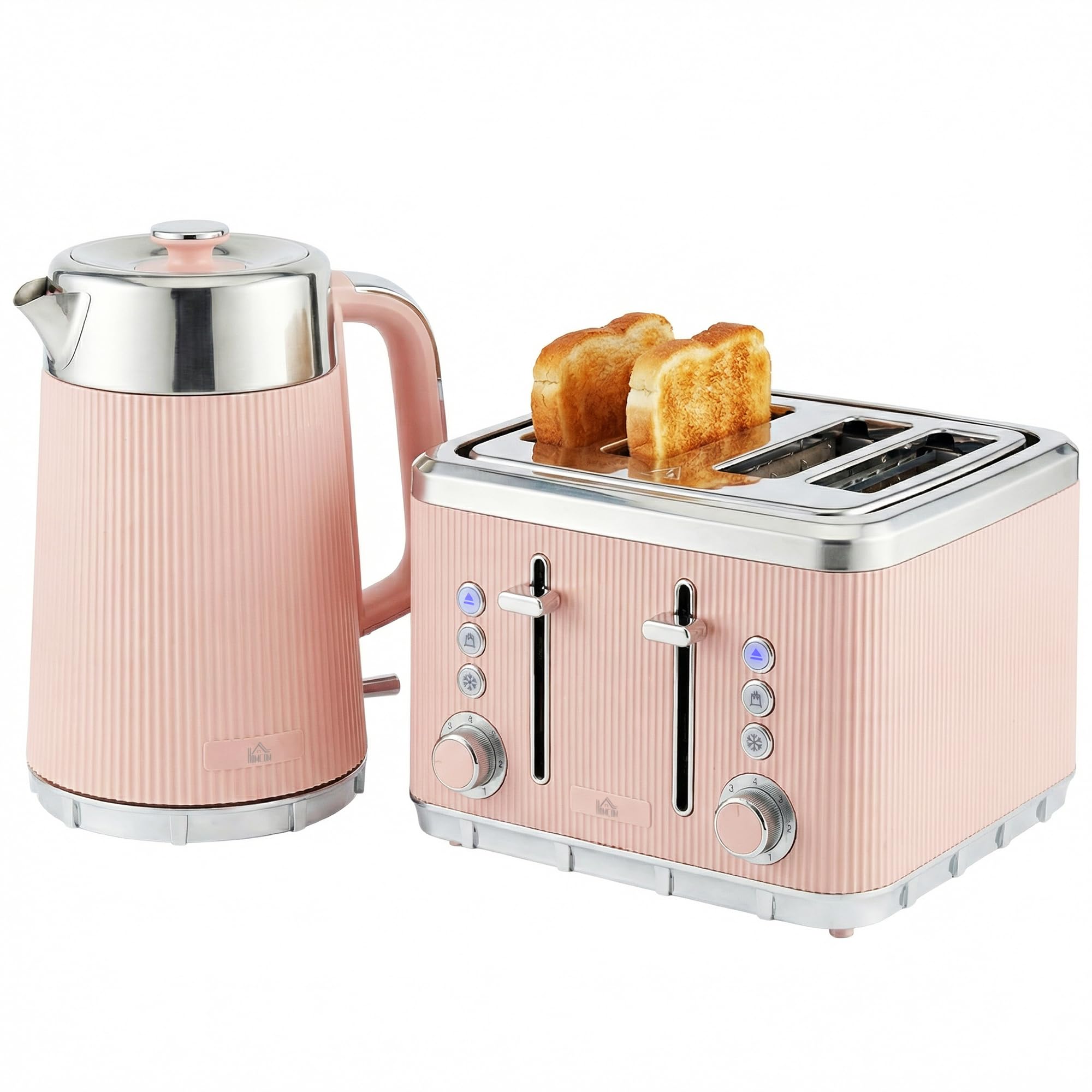 HOMCOM Electric Stainless Steel Kettle and Toaster Set, 3000W 1.7L UK Strix Thermostat Fast Boil Kettle w/Limescale Filter, Cool Touch Body, 4 Slice Toaster with 7 Browning Levels, Pink
