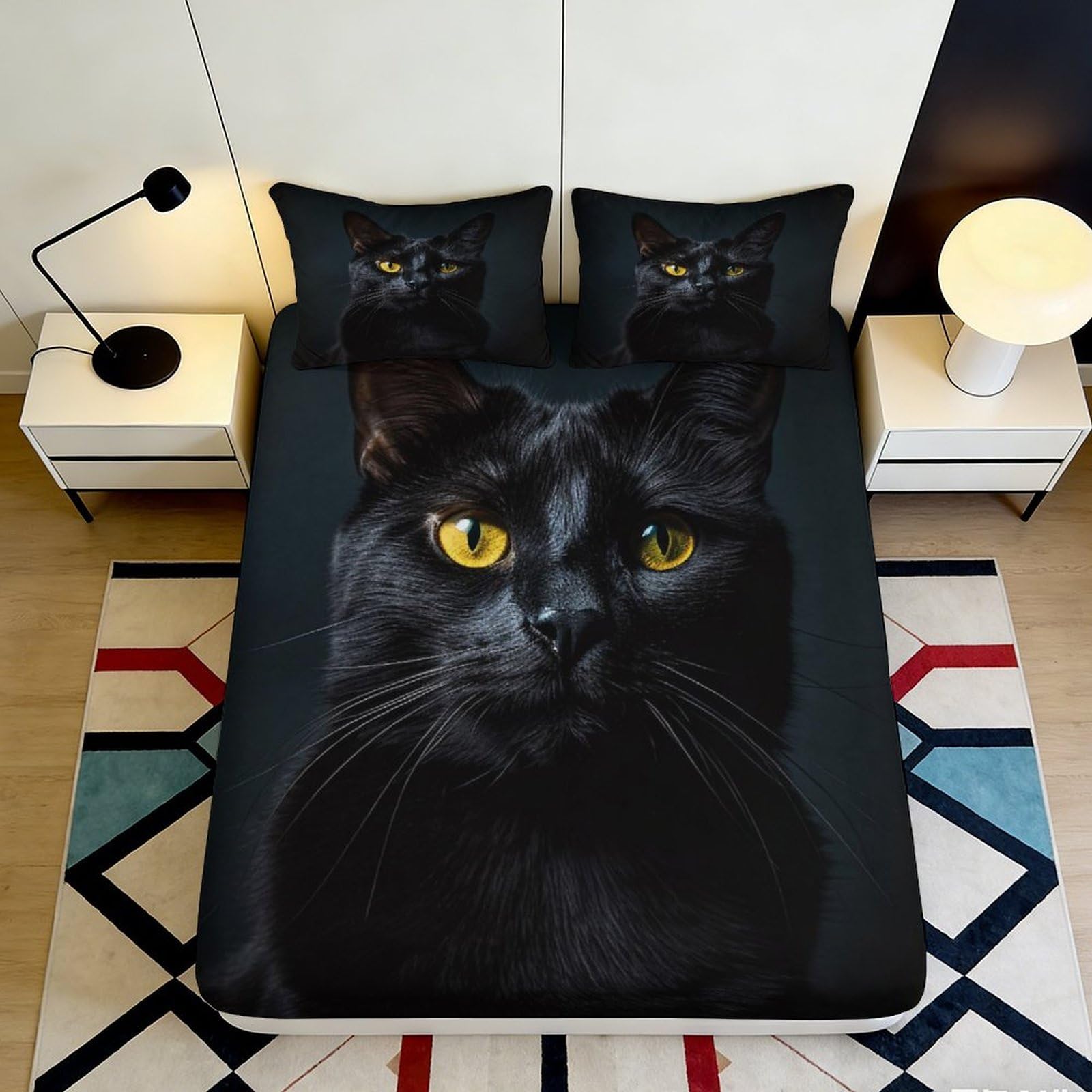 3D Printed Black Cat Fitted Sheet Microfiber Soft Breathable Yellow Eyes Bed Cover for Bedroom Dormitory Guest Room Mattress Protection Decor 160x200x25cm