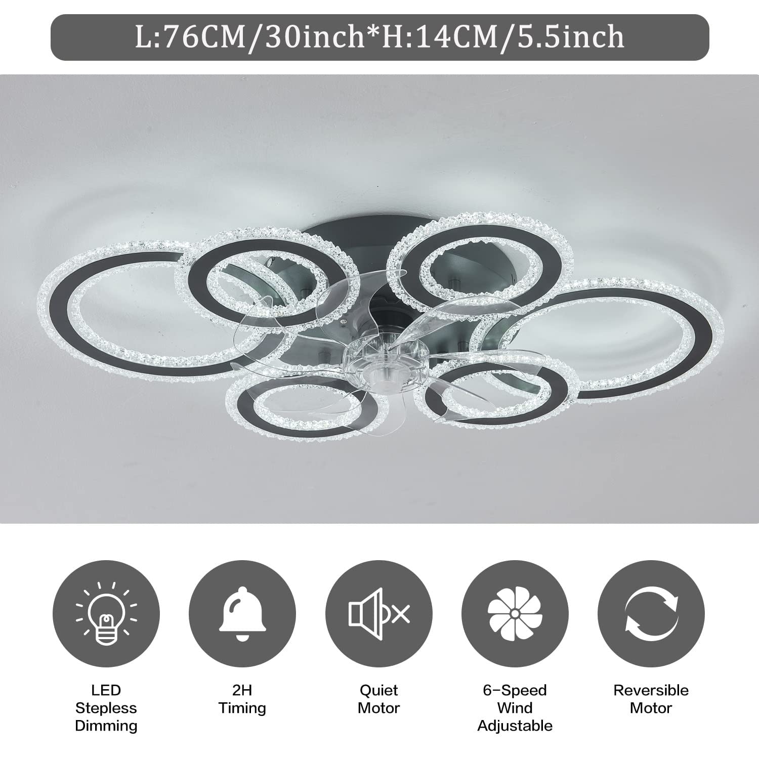YUNZI Ventilatore Da Soffitto Con Luce E Telecomando, 76CM Lampadari Ventola, Con Luce LED Dimmerabile Per Soggiorno, 6 Velocità, 6 Luci, Reversibile DC Plafoniera Con Ventilatore-White