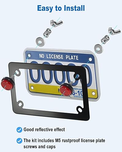 Miniatura 6 de Marco de matrícula de motocicleta con reflectores rojos, pernos y tuercas, kit de soporte de placa de acero inoxidable negro para motocicleta