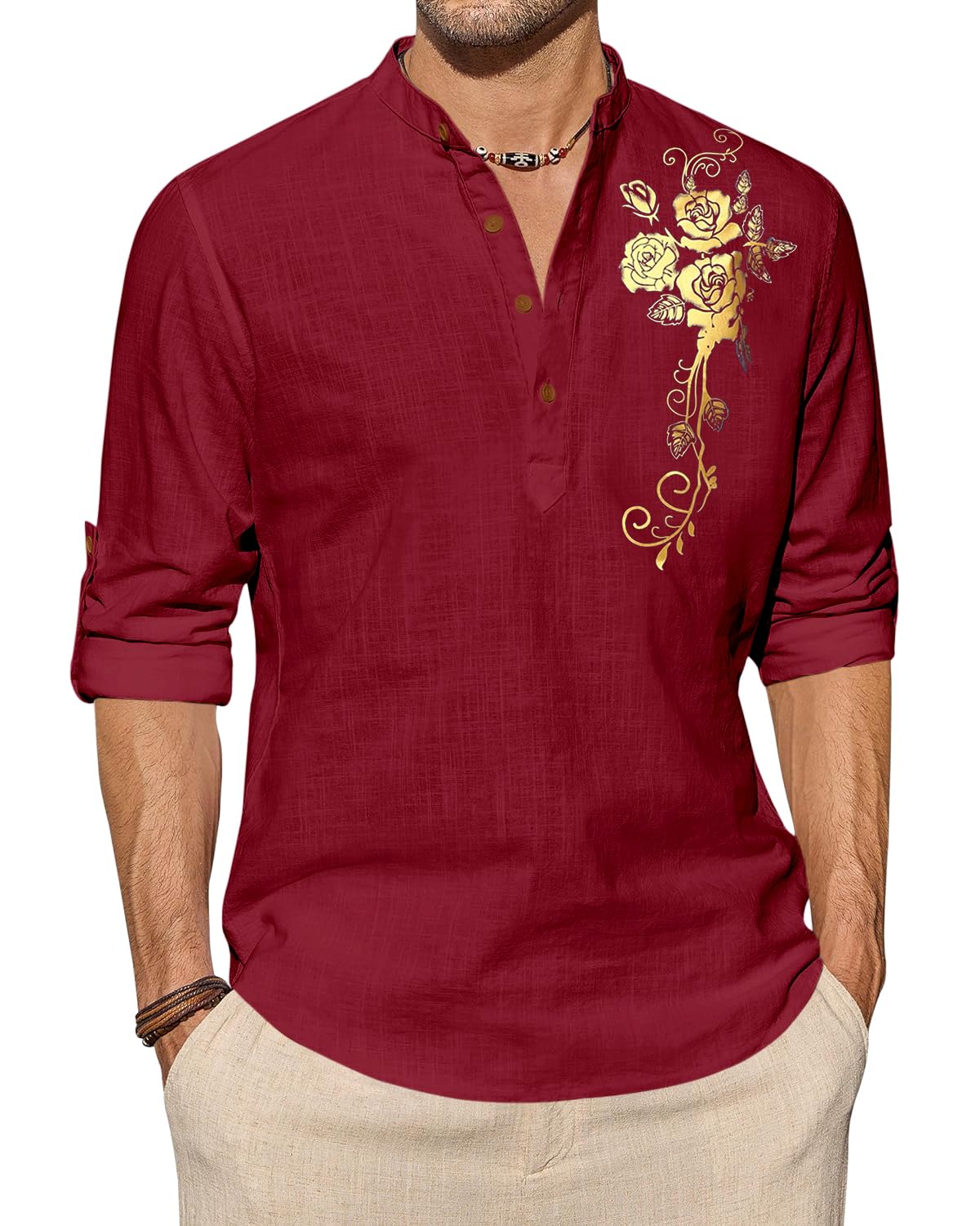 zombom Men's Cotton Polyester Blend Mandarin Collar Self One Design Printed Full Sleeve Casual Short Kurta-picture-32