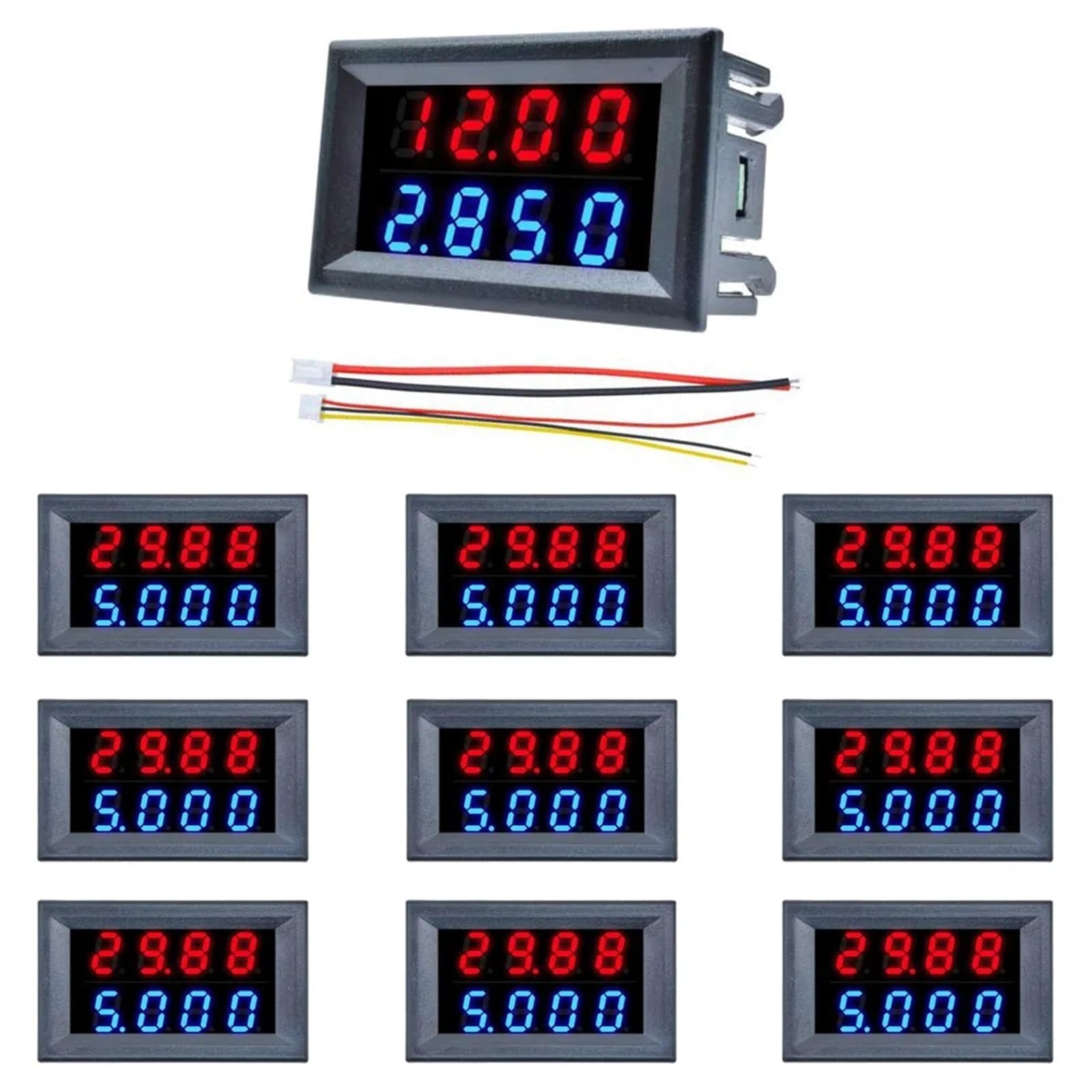 10 Stück 0,28 Zoll LED Digital Amperemeter 3/4 Bit 5 Drähte DC 100 V/200 V 10 A Spannungsmessgerät Spannungsprüfer Tester Blau Rot Dual Display (4bit rot blau, 200 V 10 A)