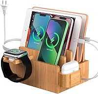 Vista 1 de Pezin & Hulin Estación de carga de bambú para múltiples dispositivos con cargador USB de 5 puertos, 5 cables, soporte para reloj y auriculares