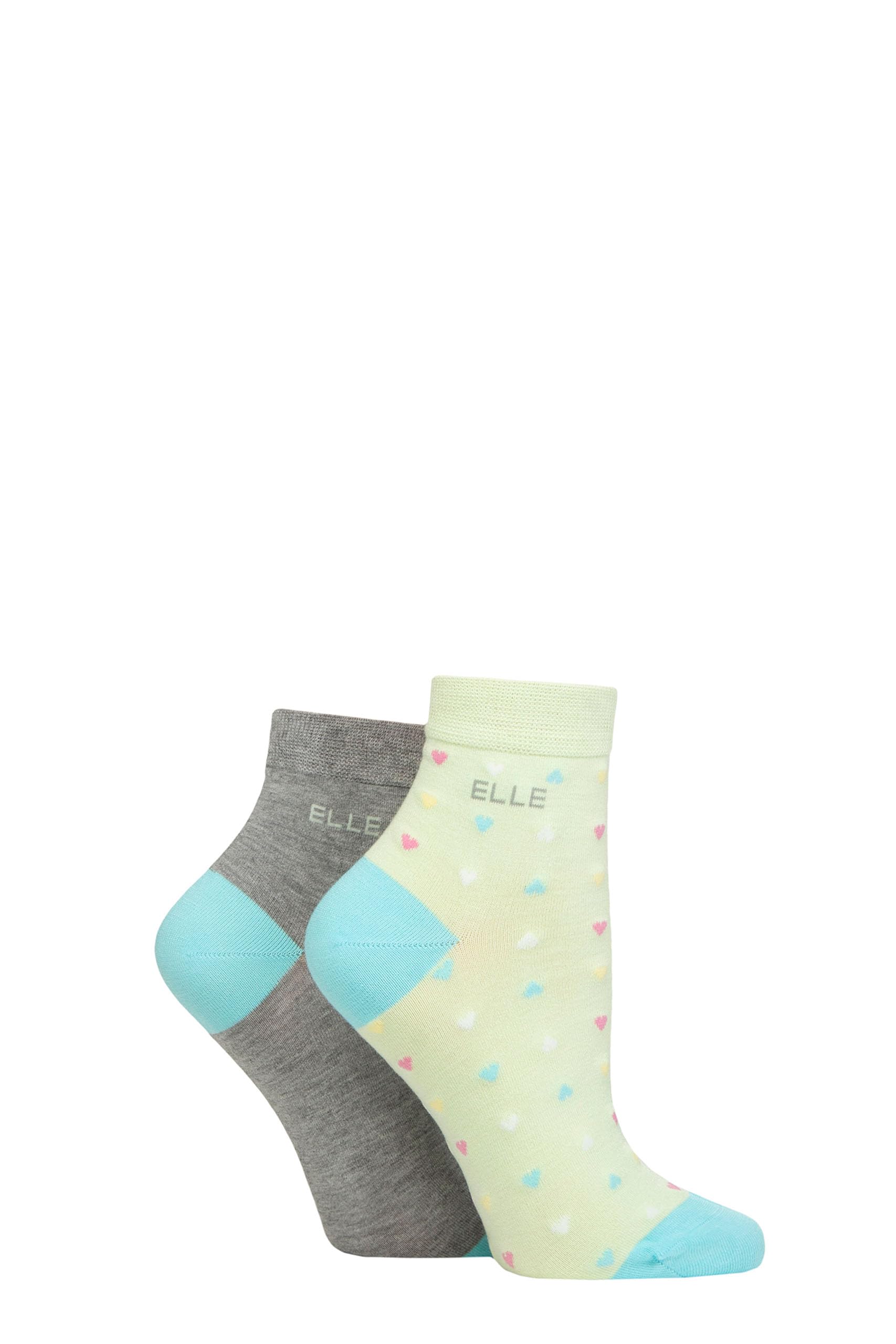 ELLE Ladies Bamboo Ankle Socks - Soft Breathable Cooling Material, Mixture of Plains & Patterns, Fun,Colourful Multipack of 2 Size 4-8 (UK, Numeric, 4, 8, Regular, Regular, Keylime Pie Hearts)